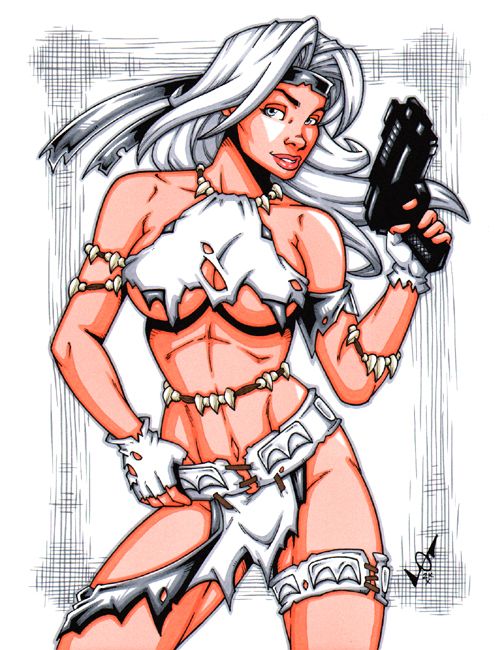 bare_midriff belly_button breasts female garrett_blair gun long_hair marvel navel pistol savage_land silver_hair silver_sable silver_sablinova spider-man_(series) thick_thighs torn_clothes underboob weapon white_background white_hair