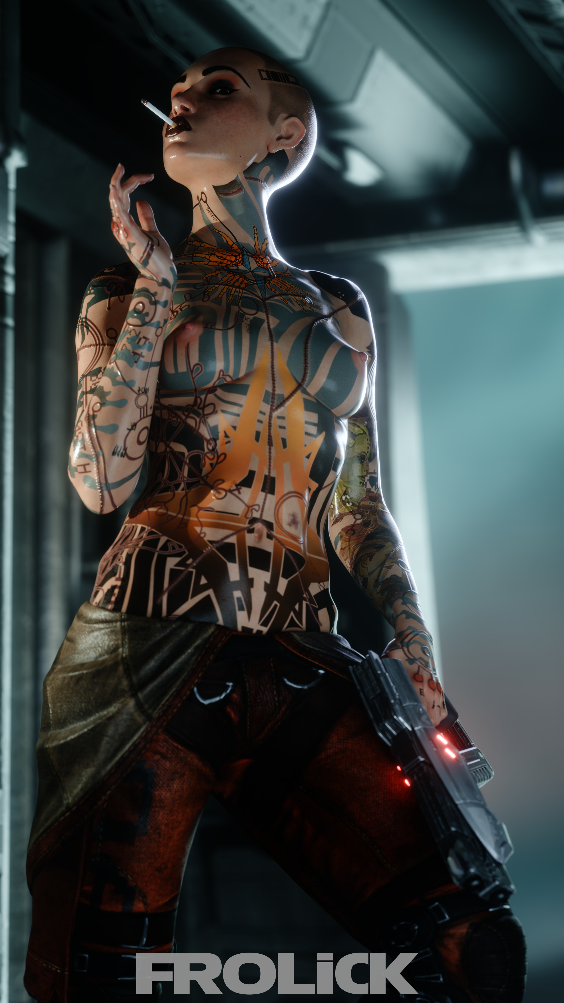 1girls, 3d, bald, bald female, bioware, breasts, cigarette, female, female only, frolick, jack (mass effect), mass effect, nipples, shaved head, small breasts, smoking, solo, tattoo, very short hair