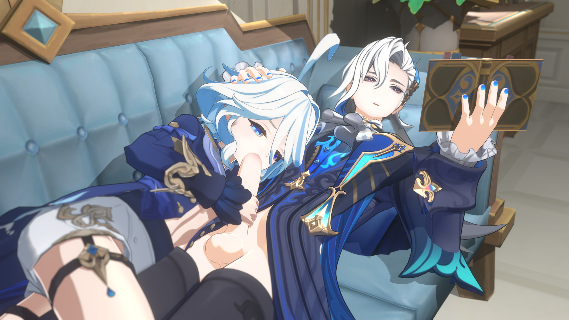 1boy, 1girls, 3d, blowjob, book, breasts, cyan eyes, cyan hair, fellatio, female, furina (genshin impact), genshin impact, hand on head, height difference, heterochromia, holding penis, lying on back, lying on sofa, male, moaning, neuvillette (genshin impact), partially nude, penis, petite, pleasure face, reading, reading book, sansonnsfw, short hair, small breasts, sofa, sucking penis, white hair, wholesome