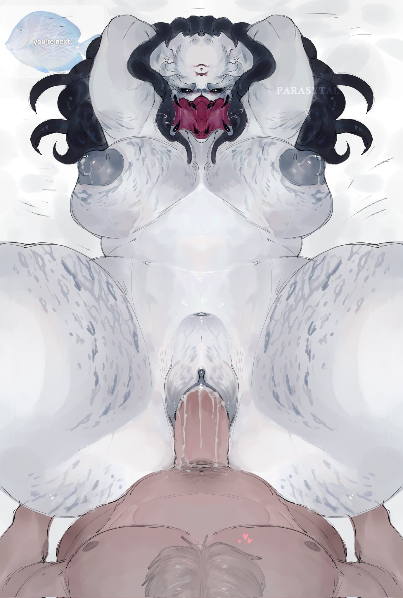 1boy, 1girls, 2d, 2d (artwork), alien, alien girl, aoimok'tu, arms behind back, big breasts, breasts, bulge, cum, cum in pussy, female, female yautja, fucked silly, huge breasts, lactating, lactation, large breasts, male, markings, massive breasts, milk, naked, naked female, oc, original character, parasytal, penetration, predator (franchise), pussy, sex, straight, tattoo, tattoos, thick thighs, yautja