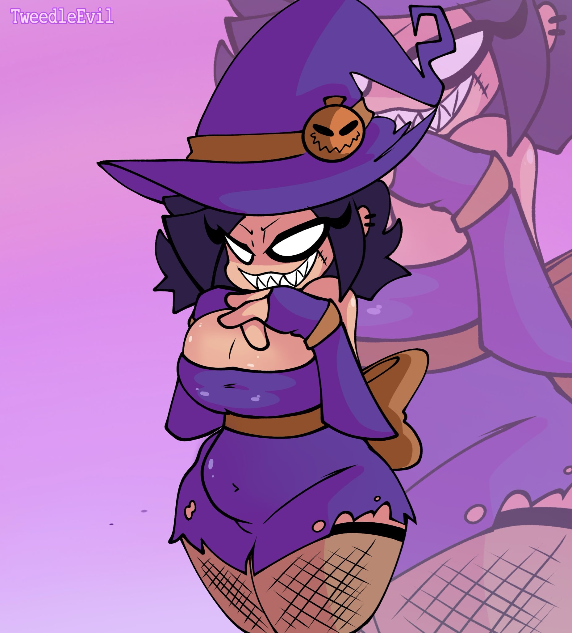 2025, 2d, 2d (artwork), 2d artwork, big ass, big breasts, breasts, cleavage, cleavage cutout, clothed, dark blue hair, earings, female, fishnets, friday night funkin, friday night funkin mod, fully clothed, halloween, huge breasts, jack-o-nene, jack-o'-lantern, mischievous smile, nene (newgrounds), newgrounds, pico's school, piercings, purple clothing, sharp teeth, short hair, simple background, simple shading, sleeveless, sleeveless dress, solo, solo female, standing, super funkin' galaxy, thick, thick thighs, toothy grin, torn clothes, torn clothing, tweedleevil, white eyes, wide hips, witch, witch costume