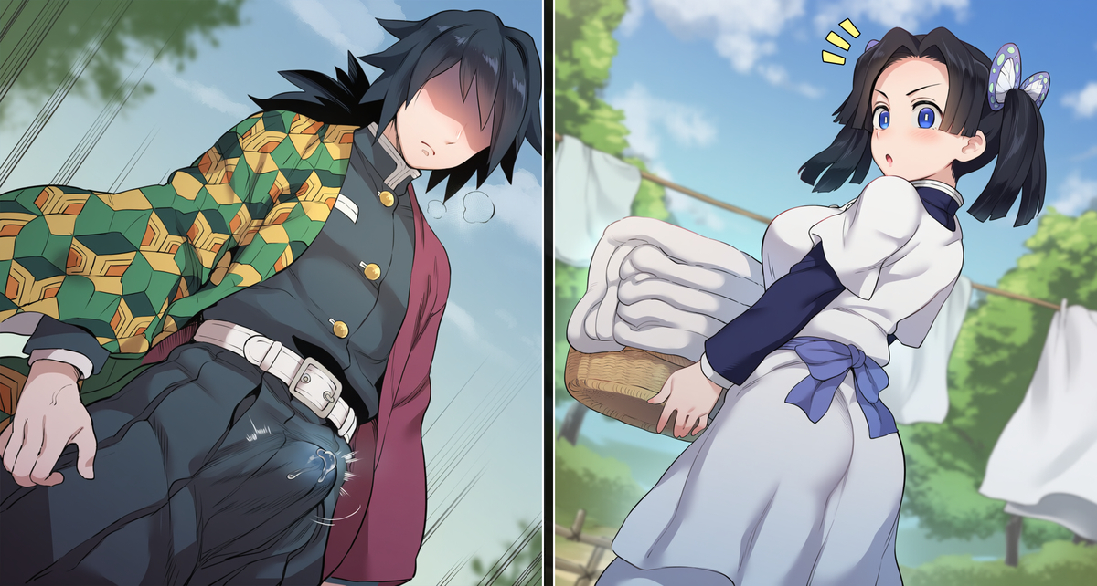 1boy, 1boy1girl, ai generated, big ass, big breasts, black hair, blue eyes, boner, breasts, clothed, darklust, demon slayer, female, kanzaki aoi (kimetsu no yaiba), kimetsu no yaiba, laundry, leaking precum, male, male/female, tomioka giyuu, younger female