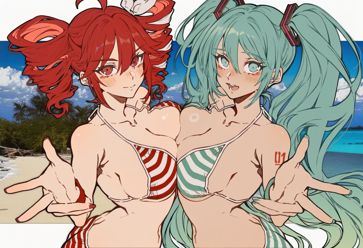 2girls, ahoge, ai generated, aqua eyes, aqua hair, ass, asymmetrical docking, bare shoulders, beach, bikini, blue eyes, blue hair, blush, breast on breasts, breast press, breasts, cleavage, cloud, collarbone, crossover, day, drill hair, female, female only, halterneck, hatsune miku, kasane teto, large breasts, long hair, looking at viewer, multiple girls, navel, ocean, open mouth, outdoors, peace sign, red bikini, red eyes, red hair, sky, smile, striped, striped bikini, swimsuit, symmetrical docking, tagme, tattoo, tied hair, touching breast, twin drills, twintails, very long hair, vocaloid, warotamin3