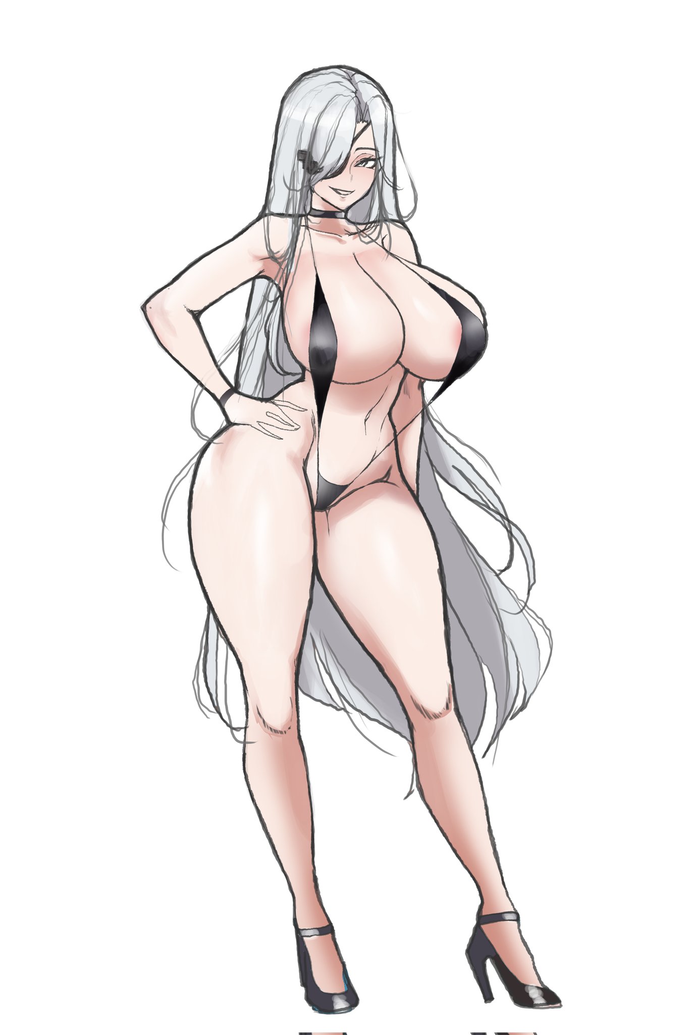 1girls, alchemist (girls' frontline), bikini, black bikini, breasts, eyepatch, female, female only, girls' frontline, hair ornament, highres, huge breasts, large breasts, long hair, looking at viewer, one-piece swimsuit, open mouth, sangvis ferri, simple background, smile, solo, standing, swimsuit, very long hair, wessidesuyo, white hair, yellow eyes