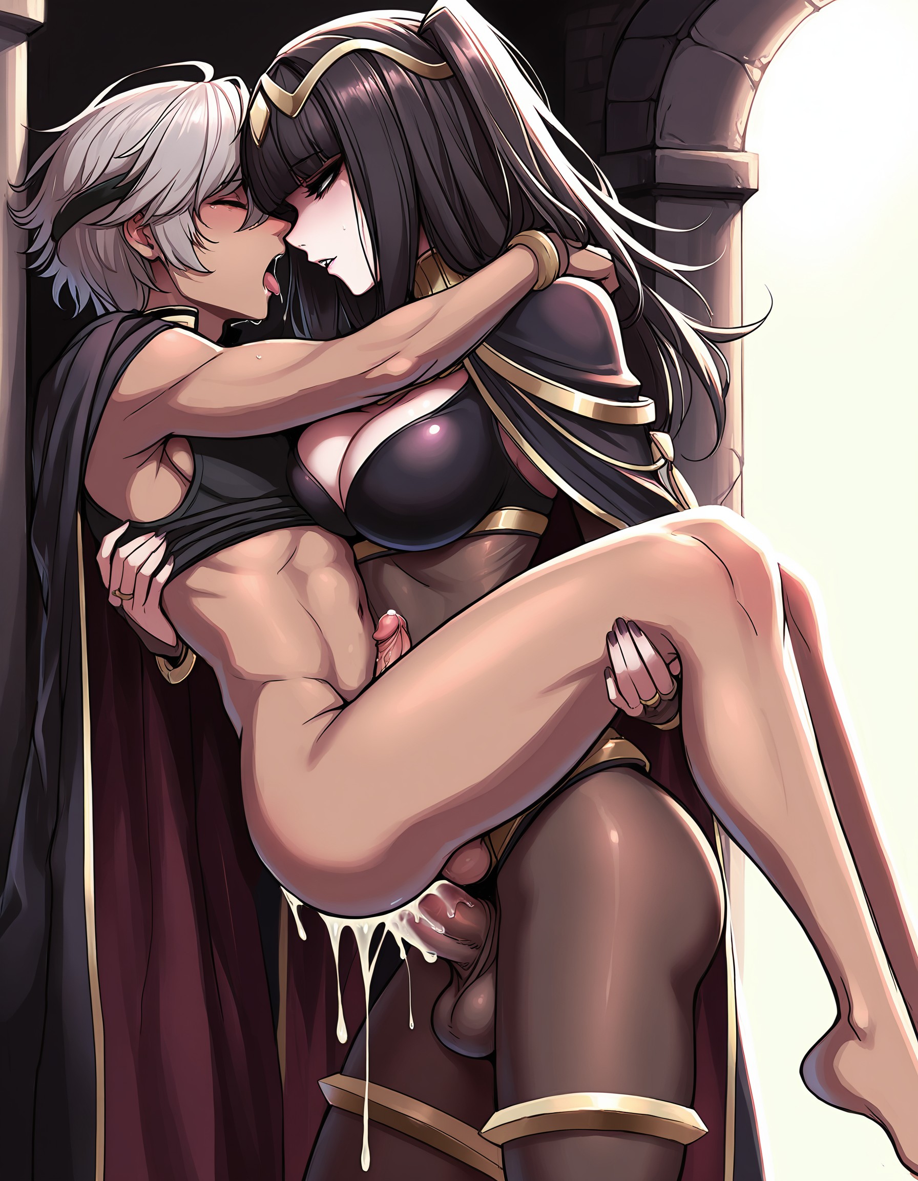 ai generated, anal, anal sex, arm around shoulders, cape, carrying, carrying another, carrying partner, chocolate and vanilla, cleavage, cum, cum drip, cum dripping, cum in ass, cum inside, cumming, cumming in ass, dark skin, dark-skinned femboy, dark-skinned male, dark-skinned sissy, dark-skinned sub, dark-skinned twink, dominant futa, dripping cum, fauxyjay, femboy, femboysub, fire emblem, futa is bigger, futa on male, futa penetrating, futa penetrating male, futa with male, futadom, futanari, interracial, interracial sex, intersex, light-skin, light-skinned futanari, looking at partner, male, male penetrated, malesub, see-through clothing, sex, stand and carry position, standing, standing sex, tharja (fire emblem), toned body