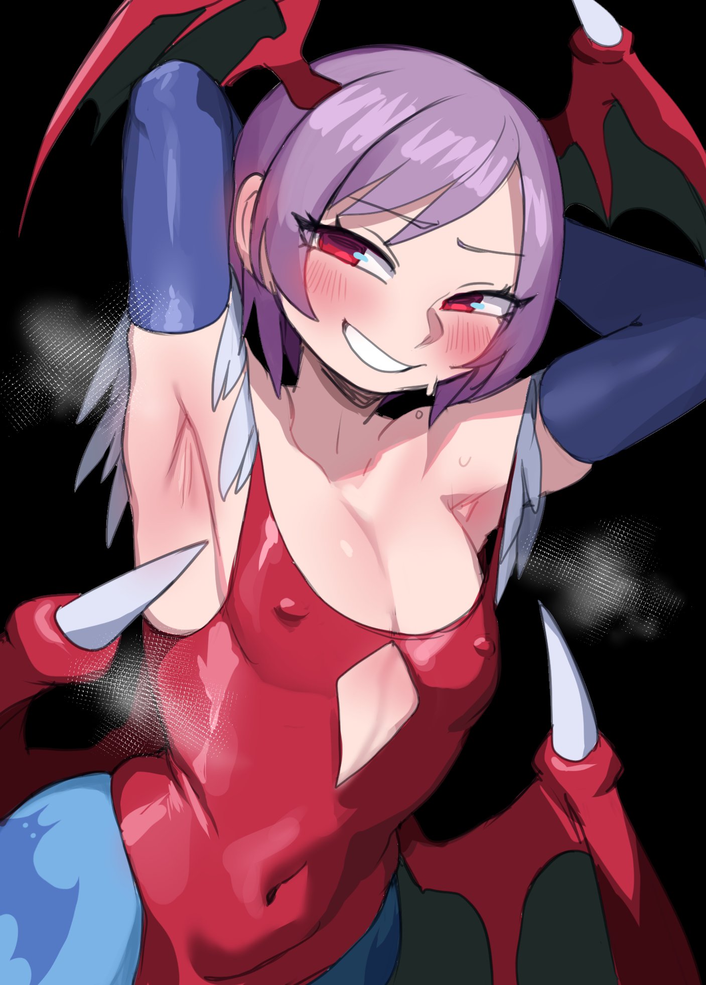 1girls, armpit fetish, armpits, arms behind head, arms up, before paizuri, before sex, blue pantyhose, blush, breasts, capcom, darkstalkers, demon girl, demon wings, elbow gloves, female, female focus, female only, flat, gloves, grin, head wings, lavender hair, leotard, lightsource, lilith aensland, nipple bulge, nipples visible through clothing, pantyhose, pink hair, purple hair, red eyes, red leotard, short hair, shy, shy expression, shy smile, small breasts, smile, solo, succubus, succubus wings, wings, wings on head