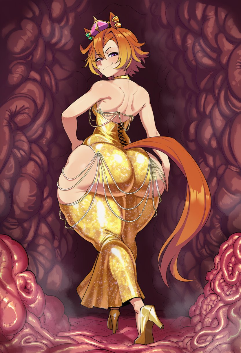 1girls, ai generated, amiamia, animal ears, ass, big ass, big butt, dress, female, flesh wall, goghkunn, golden dress, golden heels, hand on hip, heels, high heels, horse ears, horse girl, horse tail, looking at viewer, looking back, looking back at viewer, orange hair, purple eyes, rear view, smile, solo female, standing, t.m. opera o (umamusume), tail, thick thighs, umamusume, umamusume pretty derby, viewed from behind