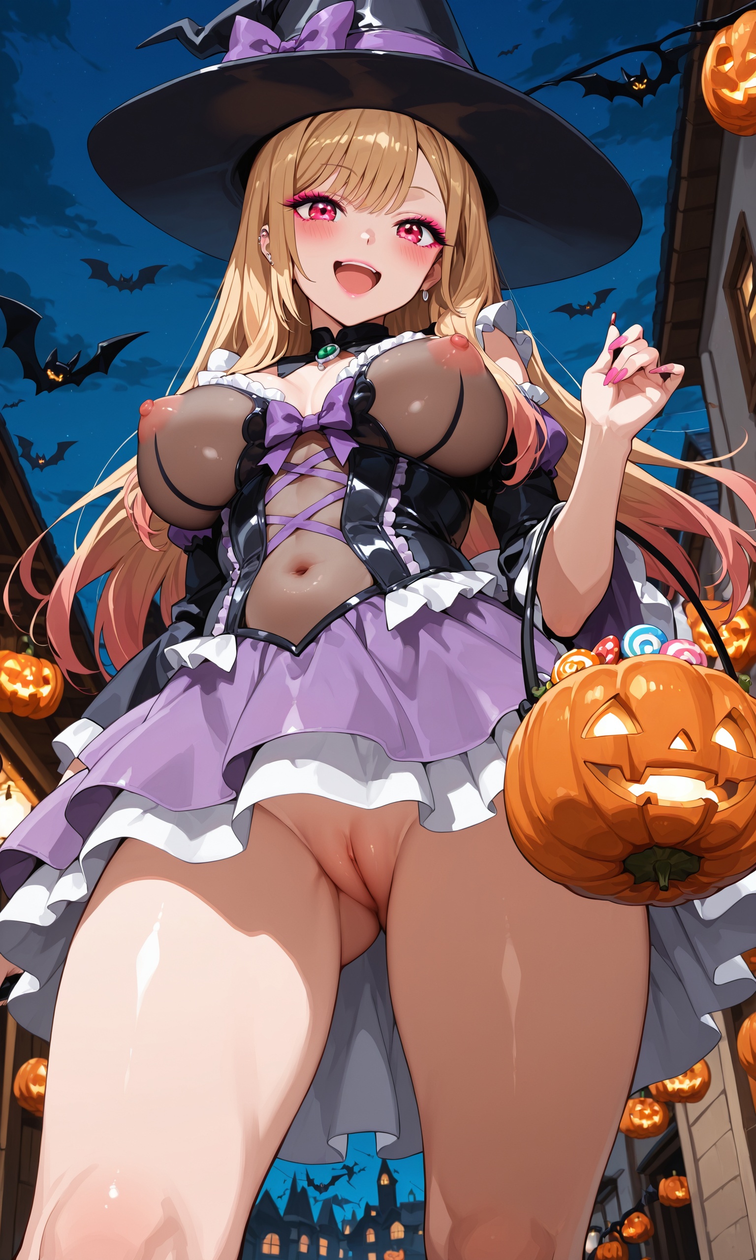 1girls, ai generated, bare pussy, blonde hair, bottom view, breasts, casual exposure, cosplay, costume, encoder, female, festival, helloween, jack-o'-lantern, kitagawa marin, looking at viewer, nipples, no panties, outdoors, public, public exposure, pussy, see-through, see-through clothing, solo female, solo focus, sono bisque doll wa koi wo suru, touching breast, transparent clothing, vagina, walking, witch, witch costume, witch hat