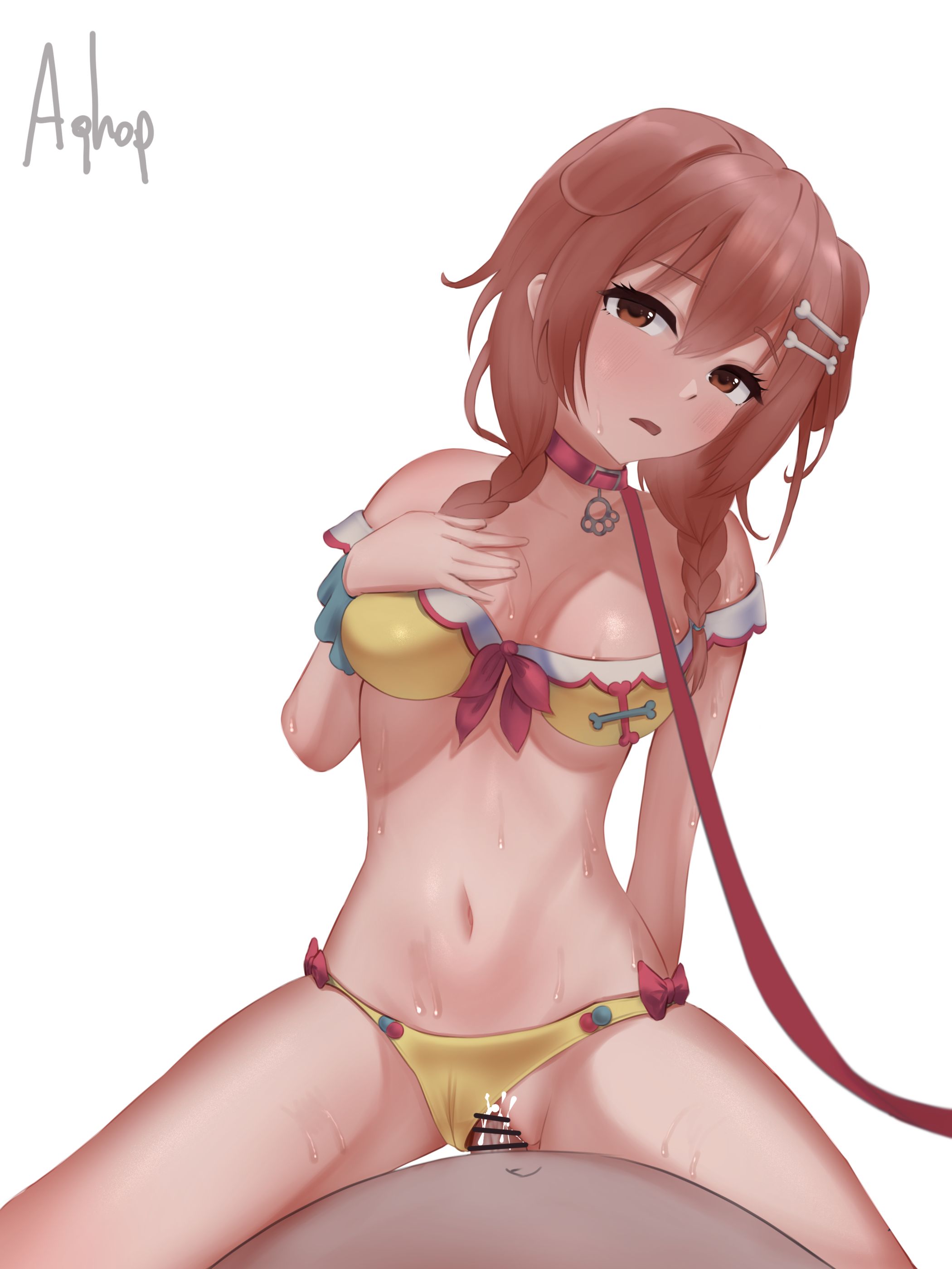 1boy, 1boy1girl, 1girls, aghop, arm behind back, bare belly, bare chest, bare hands, bare hips, bare legs, bare midriff, bare navel, bare shoulders, bare thighs, belly, belly button, bikini, bikini bottom, bikini only, bikini top, braid, braided hair, braided sidelock, braids, breasts, breeding, brown eyebrows, brown eyes, brown hair, brown-eyed female, brown-haired female, collar, collarbone, digital, digital art, digital drawing, digital drawing (artwork), digital media, digital media (artwork), dog ears, dog girl, dog tail, dripping wet, elbows, exposed arms, exposed belly, exposed chest, exposed hips, exposed legs, exposed midriff, exposed navel, exposed shoulders, exposed skin, exposed thighs, female, female focus, fingers, groin, hair between eyes, hair clip, hair clips, hair ornament, hair ornaments, hairclip, hairclips, hand behind back, head tilt, high resolution, highres, hololive, hololive gamers, hololive japan, intercourse, inugami korone, lean figure, leash, legs apart, long hair, looking at viewer, male, medium breasts, midriff, narrow waist, navel, open mouth, parted lips, penis, penis in pussy, pussy, raw sex, red collar, red leash, riding cock, riding dick, riding penis, sex, sexual intercourse, shoulders, simple background, sitting, slender body, slender waist, slim waist, soaked, spread legs, straight, straight sex, string bikini, swimsuit, swimwear, thighs, tilted head, unprotected sex, upper body, vaginal all the way through, vaginal creampie, vaginal insertion, vaginal penetration, vaginal sex, virtual youtuber, vtuber, vtuberfanart, wet, wet belly, wet body, wet breasts, wet face, wet hair, wet legs, wet nipples, wet skin, wet thighs, white background, yellow bikini, yellow bikini bottom, yellow bikini top, yellow string bikini, yellow swimsuit, yellow swimwear