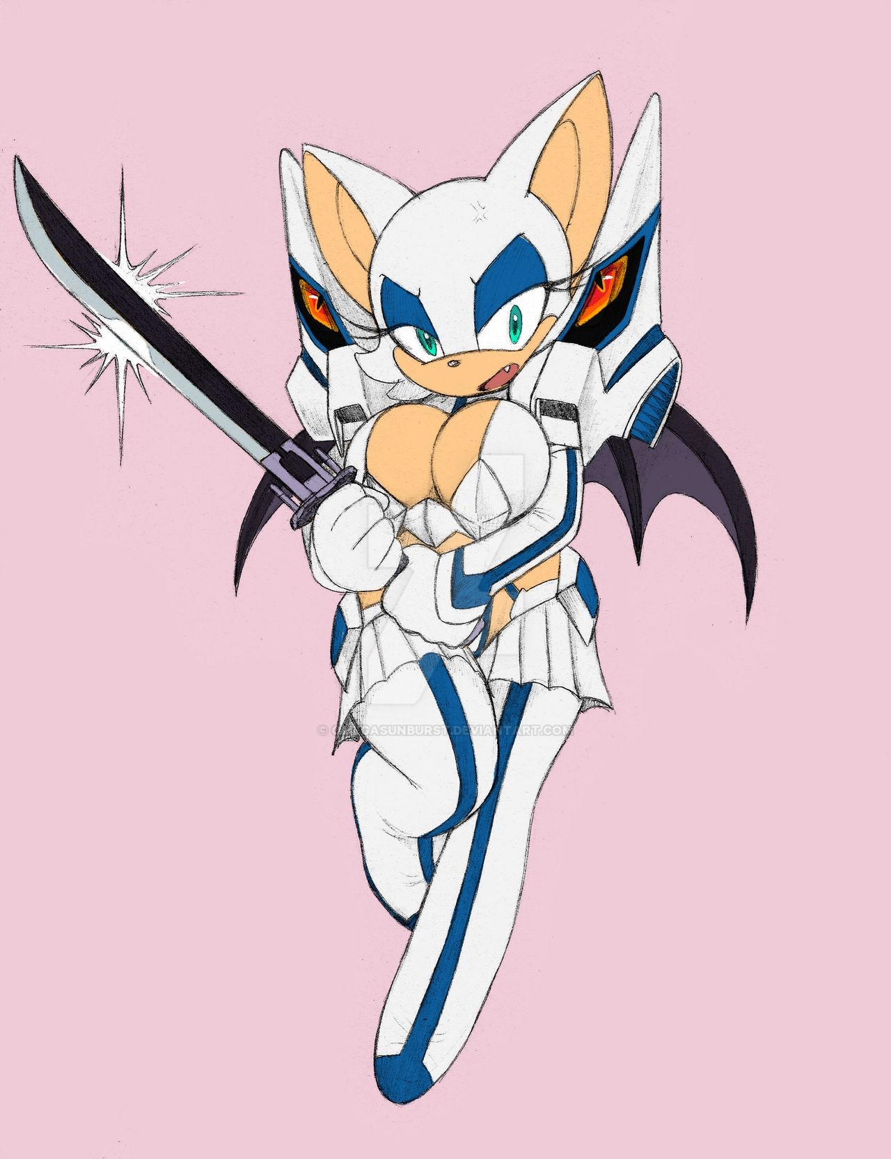 1girls, 2019, 5 fingers, animal ears, anthro, anthrofied, bat, bat wings, big breasts, black nose, blue eyes, breasts, chiropteran, cleavage, cosplay, crossover, eyelashes, eyeshadow, fangs, female, female only, full body, furry, gloves, holding, holding weapon, huge breasts, humanoid hands, junketsu, kill la kill, kiryuuin satsuki, legs, looking at viewer, makeup, mammal, multicolored fur, omegasunburst, rouge the bat, sega, sonic (series), sonic team, sonic the hedgehog (series), studio trigger, sword, tan fur, thick thighs, thighhighs, thighs, two-tone fur, video games, weapon, white fur, white gloves, wide hips, wings