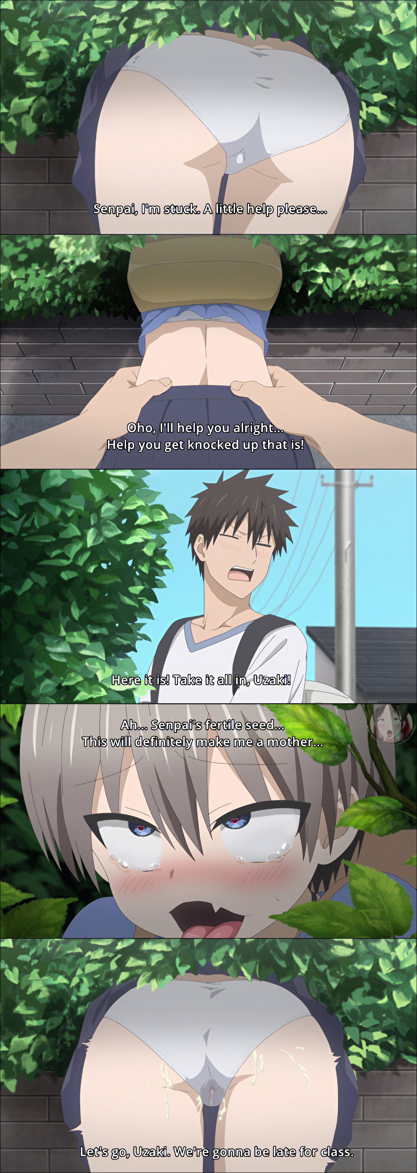 1boy, adult, adult female, adult male, after sex, ahe gao, ass, backpack, bag, bent over, canon couple, clothing, english language, english text, extreme content, female, genital fluids, grabbing, grabbing from behind, grabbing waist, heart, heart-shaped pupils, hearts in eyes, high resolution, hips, humiliation, implied sex, limited visibility, male, nakadashi, oerba yun fang, panties, public, public humiliation, public sex, public violation, pussy, rape, sakurai shinichi, semen, semen in panties, semen in underwear, semen inside clothes, semen on ass, semen on body, sex, skin fang, slender waist, stuck, symbol-shaped pupils, text, third-party edit, tongue, tongue out, underwear, upskirt, uzaki hana, uzaki-chan wa asobitai!, vagina visible through clothing, very high resolution, violation