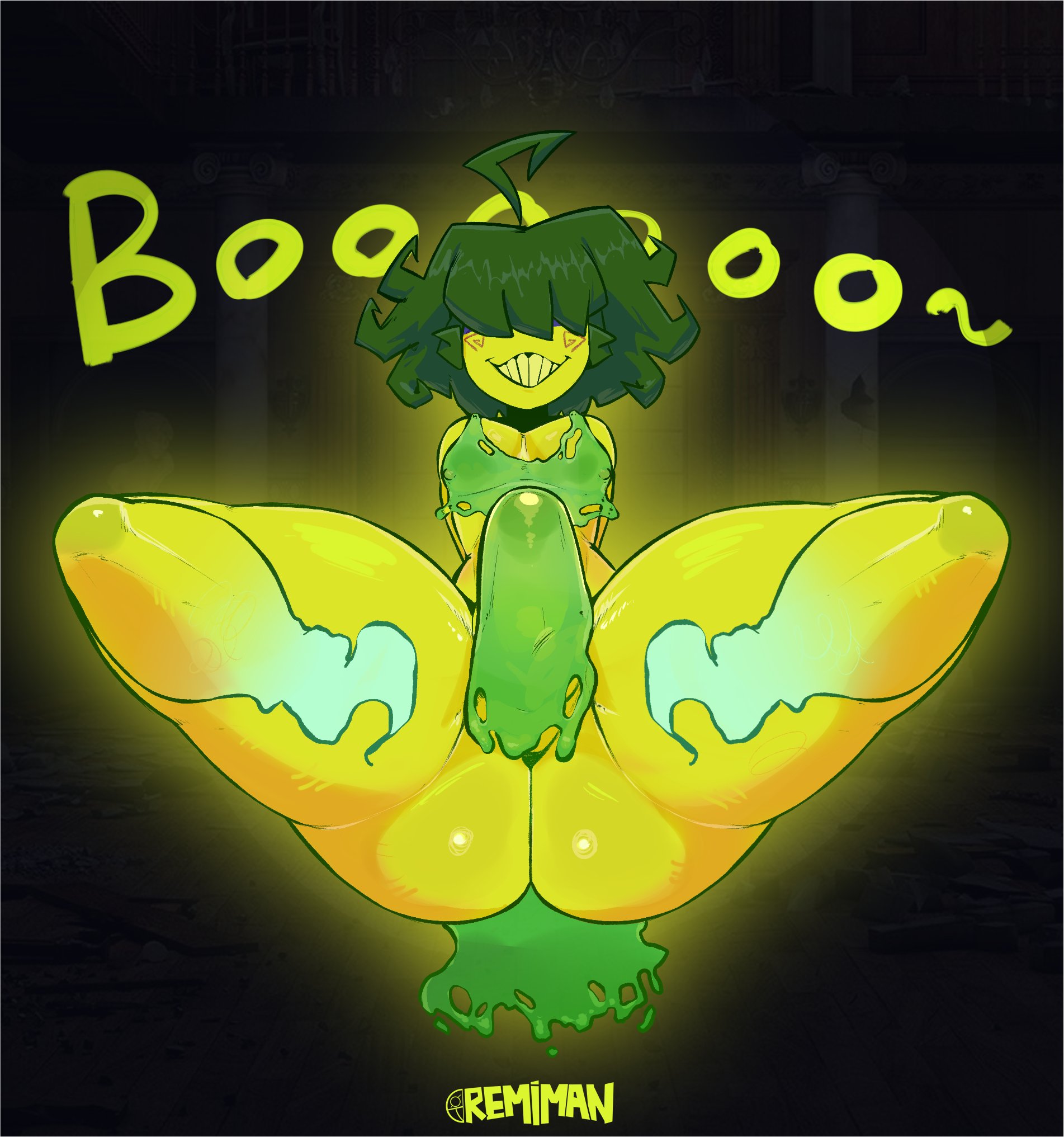 1boy, 1femboy, 2025, ass, big ass, big ass (male), big bulge, big butt, big thighs, bottomless, bottomless femboy, bottomless male, bulge, english text, erect, erect penis, erection, femboy, ghost, green hair, large ass, looking at viewer, male, male focus, male only, oc, original, original character, penis, randy (remiman), remiman, solo, solo focus, solo male, text, thick thighs, yellow body, yellow skin