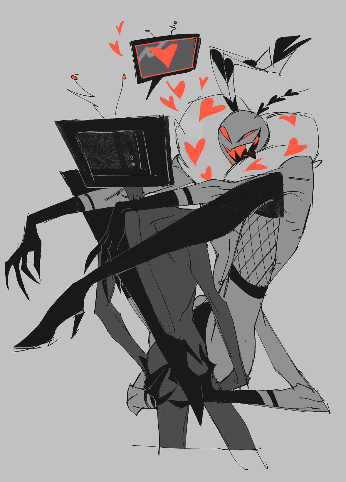 2boys, 4 arms, anal, anal sex, anthro, ass grab, black and white, claws, demon, fishnets, gay, hazbin hotel, hellaverse, high heels, male, male only, sharp teeth, simple background, smile, valentino (hazbin hotel), vox (hazbin hotel)