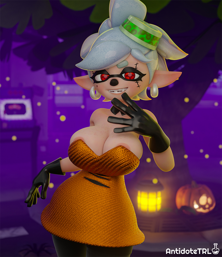 1girls, 3d, 3d (artwork), antidotetrl, antisplat, ass, bare shoulders, big ass, big breasts, big butt, black choker, bowtie, breasts, busty, choker, cleavage, clothed, clothed female, clothing, color, colored, curvaceous, curvy, curvy body, curvy female, curvy figure, ear piercing, fanart, female, full color, gloves, hair, hair over one eye, halloween, hips, idol, inkling, large ass, large butt, light skin, light-skinned female, looking at viewer, marie (splatoon), marie (splatoween), marie (wo262), monster, monster girl, multicolored hair, nintendo, pointy ears, pose, posing, red hair, splatoon, splatoon (series), splatoon 2, splatoon 3, squid girl, squid humanoid, squid sisters, stockings, tentacle, tentacle hair, thick thighs, thighhighs, thighs, video game, video game character, video game franchise, video games, white hair, wo262 (3d model style)