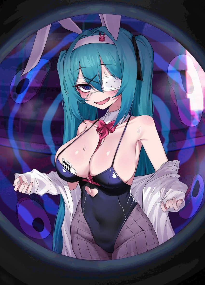 1girl, 1girls, 2d, animal ears, aqua hair, bare shoulders, between breasts, black leotard, blue eyes, blush, bow, bowtie, breasts, bunny ears, bunnysuit, cleavage, clothing cutout, covered navel, detached collar, eyepatch, fake animal ears, female, fishnet pantyhose, fishnets, hahyaha, hair ornament, hairband, hatsune miku, heart cutout, highres, labcoat, large breasts, leotard, long hair, looking at viewer, medical eyepatch, monitoring (vocaloid), name tag, necktie, open mouth, pantyhose, playboy bunny, rabbit ears, rabbit hole (vocaloid), red bowtie, ribbon, smile, solo, sweat, tagme, twintails, very long hair, white jacket, x hair ornament