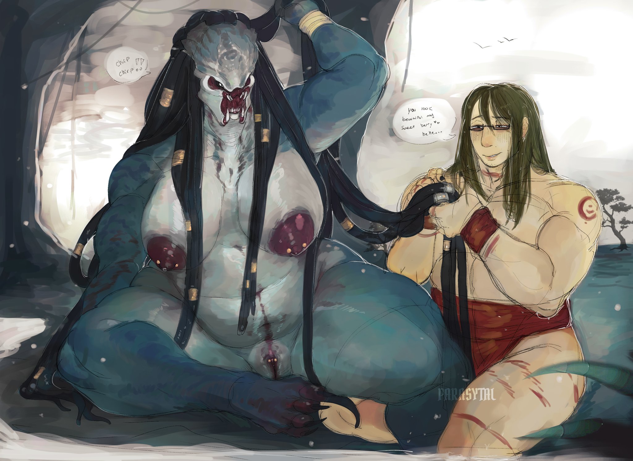 1boy, 1girls, alien, alien girl, braid, braiding hair, dialogue, female, female yautja, human, male, markings, naked, naked female, parasytal, piercing, predator (franchise), scar, scars, simple background, tattoo, tattoos, yautja