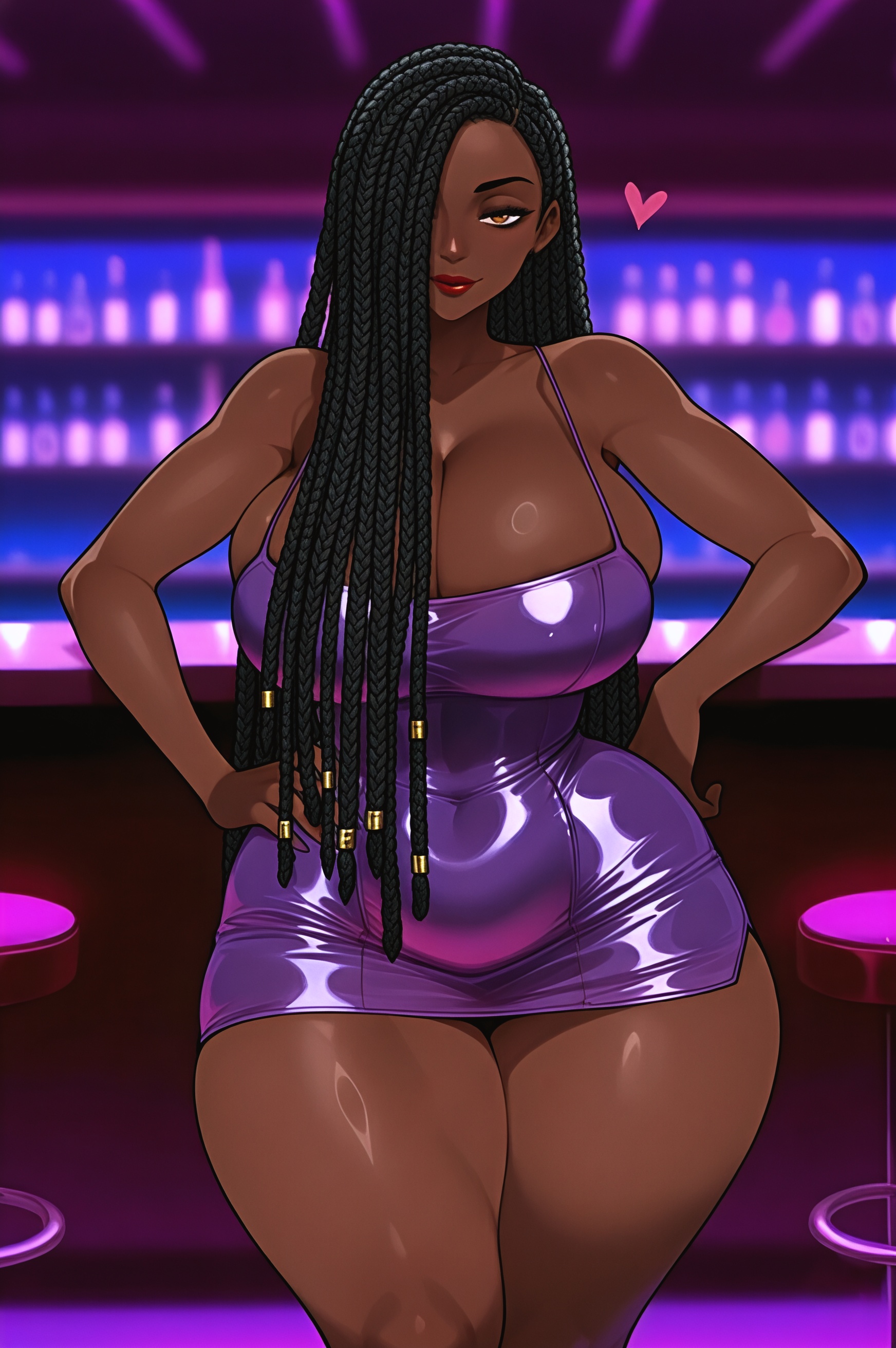 1girls, african female, ai generated, big breasts, black hair, black woman, braid, braided hair, braids, breasts, brown eyes, cleavage, club, dark skin, dark-skinned female, dress, evening dress, eye covered, female, female only, hair covering eye, hands on hips, huge ass, lipstick, long hair, mrtecta, original, original character, purple dress, red lipstick, short dress, solo, solo female, thick, thick thighs, thighs