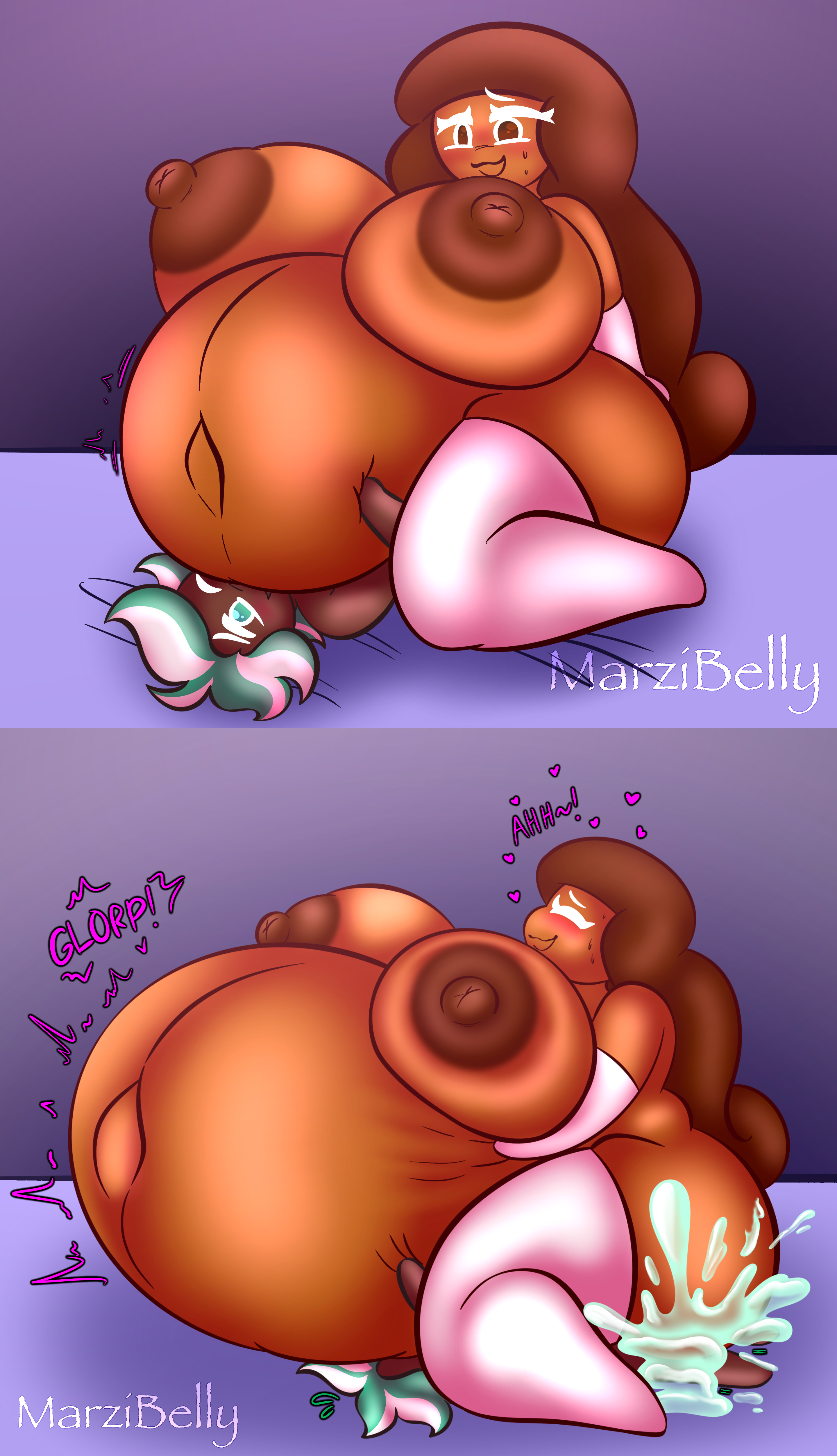 1boy1girl, 2024, anthro, anthro on anthro, bed, bedroom, belly expansion, big belly, big breasts, big female, big female small male, breasts, brown hair, cocoa cookie, cookie, cookie dough butt, cookie run, cookie run kingdom, cookie run ovenbreak, cum, cum inside, cumflation, dominant, dominant female, ejaculation, erect nipples, expansion, female, glorp, green hair, heart, holding, holding belly, huge belly, hyper belly, hyper cumflation, inflation, large belly, large breasts, male, male/female, marzibelly, mint choco cookie, moaning, moans, nipples, onomatopoeia, sequence, sex, shaded, shadow, simple background, size difference, smaller male, stockings, submissive male, sweat