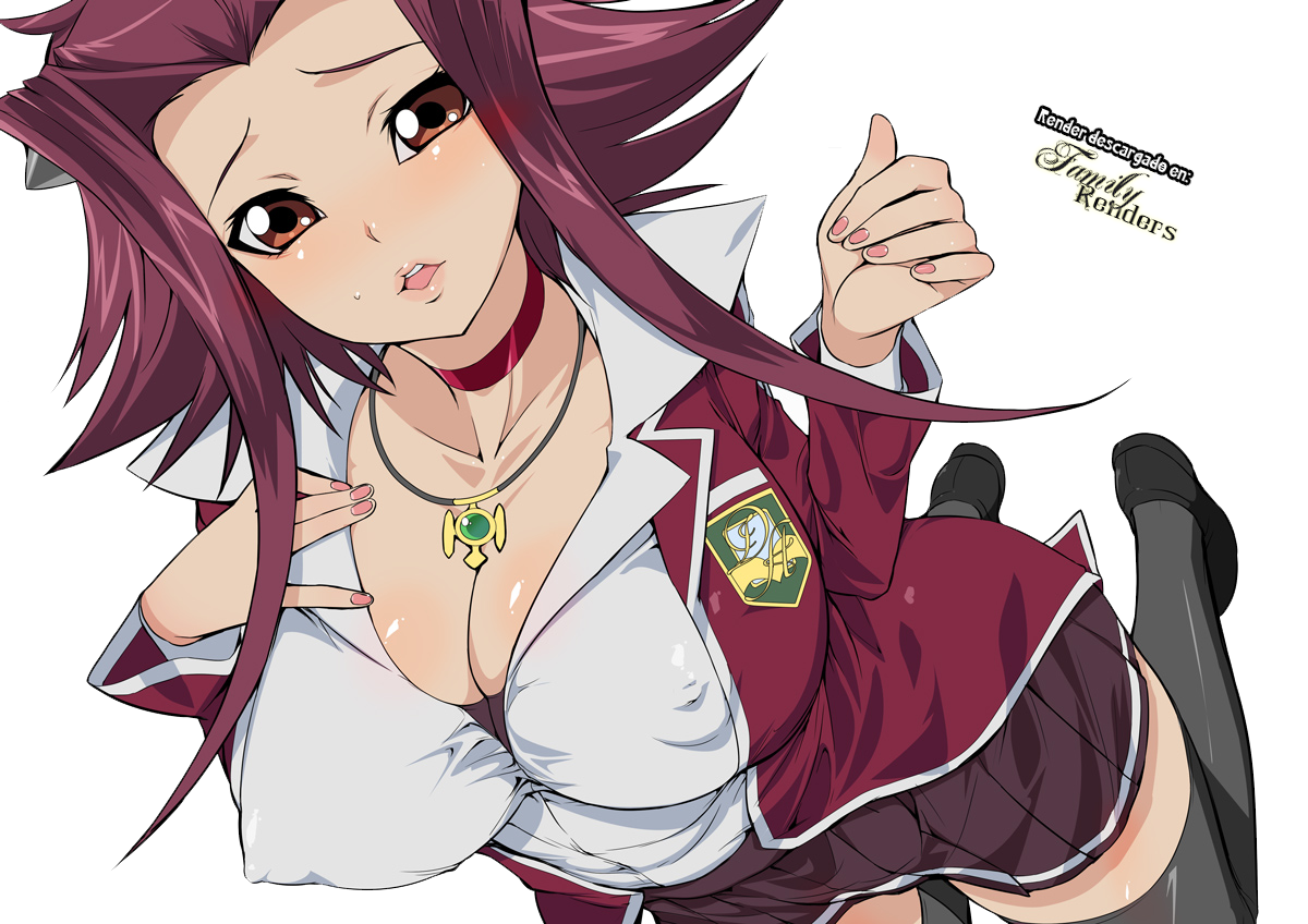 1girls, akiza izinski, big breasts, breasts, brown eyes, busty, cleavage, erect nipples, erect nipples under clothes, female, hair ornament, huge breasts, izayoi aki, kusaka souji, large breasts, legwear, looking at viewer, necklace, nipples, nipples visible through clothing, pink nails, red hair, school uniform, skirt, voluptuous, yu-gi-oh!, yu-gi-oh! 5d's