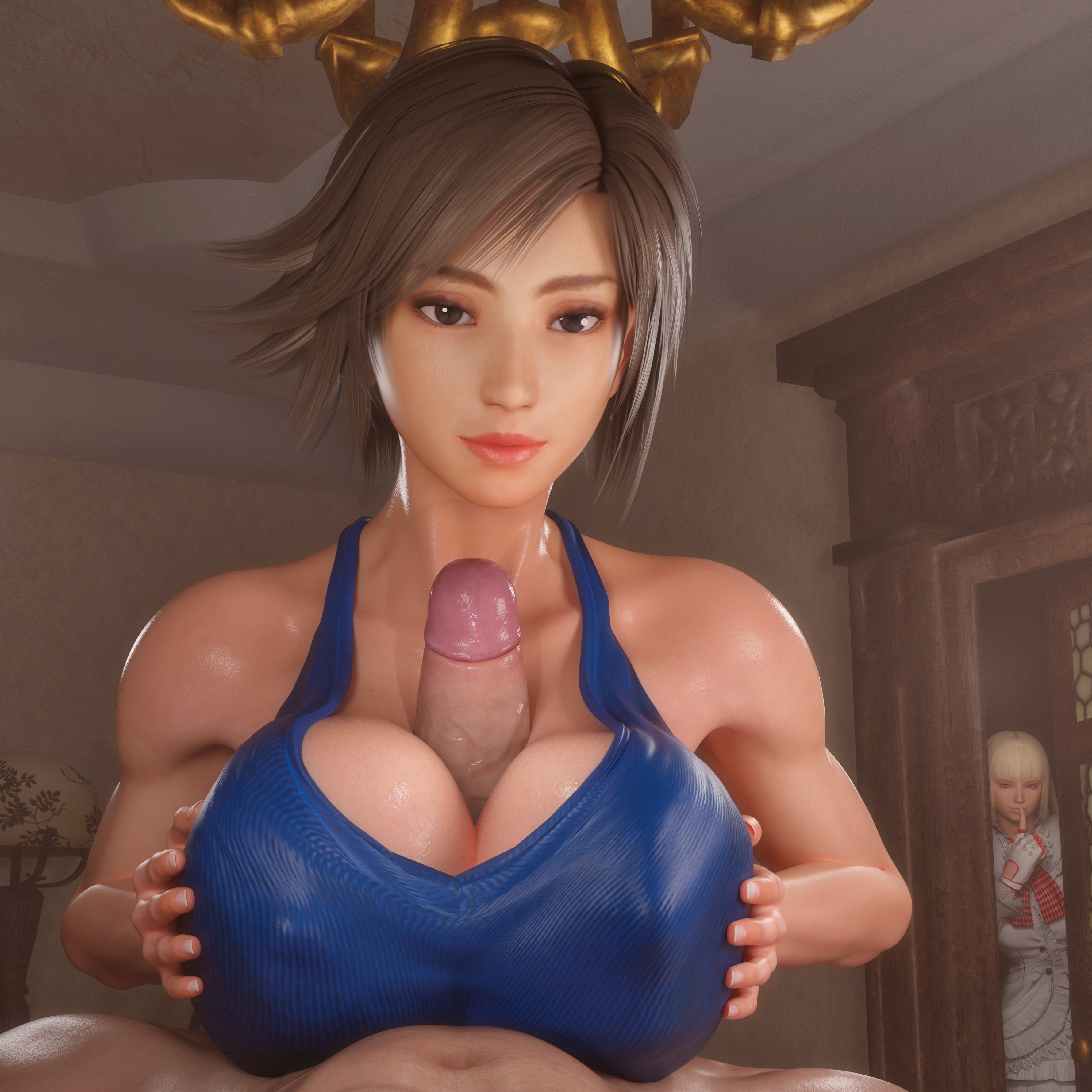 1boy, 2girls, 3d, ass, bandai namco, between breasts, big ass, big breasts, boobjob, breasts, curvaceous, curvy, curvy figure, den549, emilie de rochefort, female, hips, hourglass figure, hushing, kazama asuka, light skin, light-skinned female, light-skinned male, male, male/female, mature, mature female, mature male, namco, namco bandai, outercourse, paizuri, slim waist, sneaky, straight, tekken, thick, thick hips, thick legs, thick thighs, thighs, titjob, voluptuous, waist, watching, wide hips