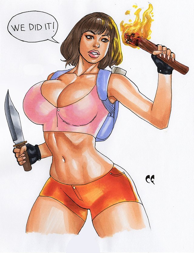 1girls, action pose, aged up, backpack, bag, bare arms, bare shoulders, big breasts, big lips, bimbo, bob cut, breasts, brown eyes, brown hair, busty, chris foulkes, cleavage, crop top, dark skin, dark-skinned female, dora marquez, dora the explorer, female, female only, fingerless gloves, fire, handwear, human, isabela moner, knife, large breasts, latina, lipstick, map, navel, nickelodeon, orange shorts, pitchfork, pose, posing, ribs, short hair, short shorts, shorts, skimpy clothes, solo, speech bubble, straight hair, text, thick lips, thick thighs, torch, weapon, white background, wide hips