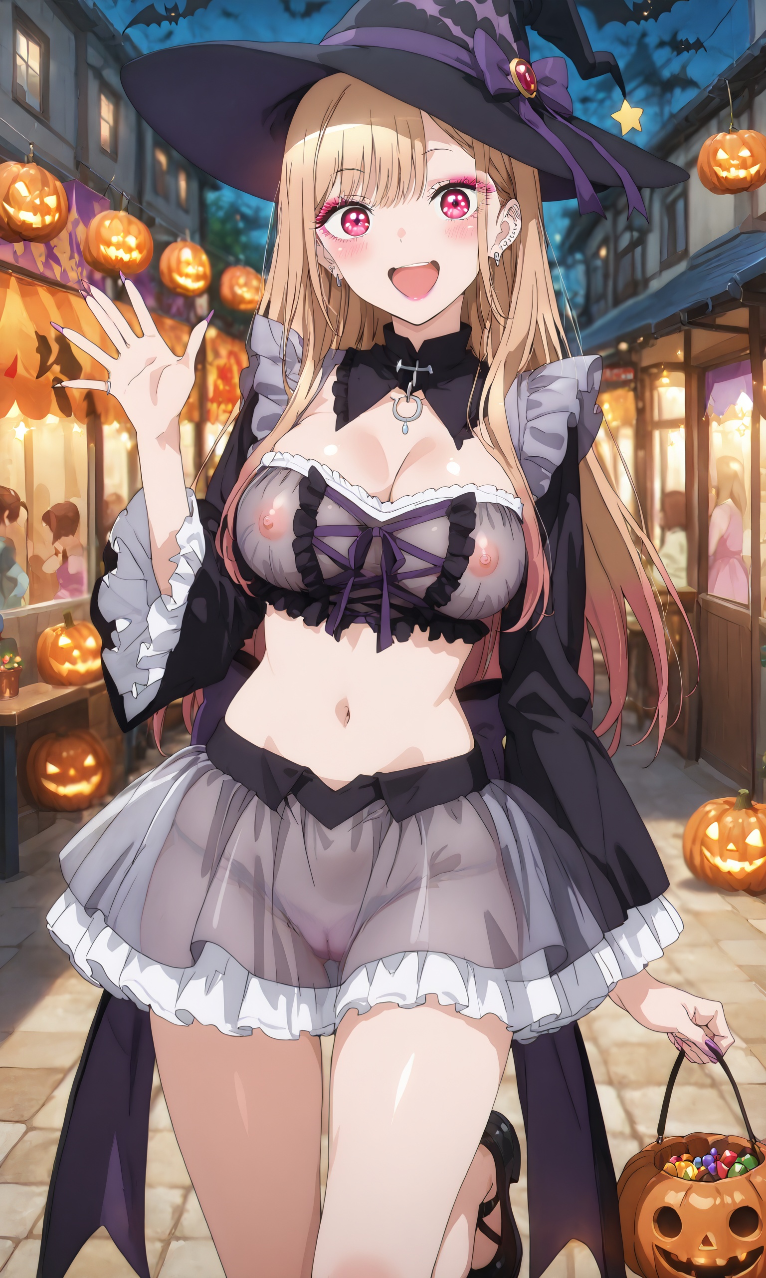1girls, ai generated, bare pussy, blonde hair, breasts, casual exposure, cosplay, costume, covered nipples, encoder, female, festival, helloween, jack-o'-lantern, kitagawa marin, looking at viewer, nipples, nipples visible through clothing, no panties, outdoors, public, public exposure, pussy, pussy visible through clothes, see-through, see-through clothing, smile, smiling, solo female, solo focus, sono bisque doll wa koi wo suru, standing, transparent clothing, vagina, waving, witch, witch costume, witch hat