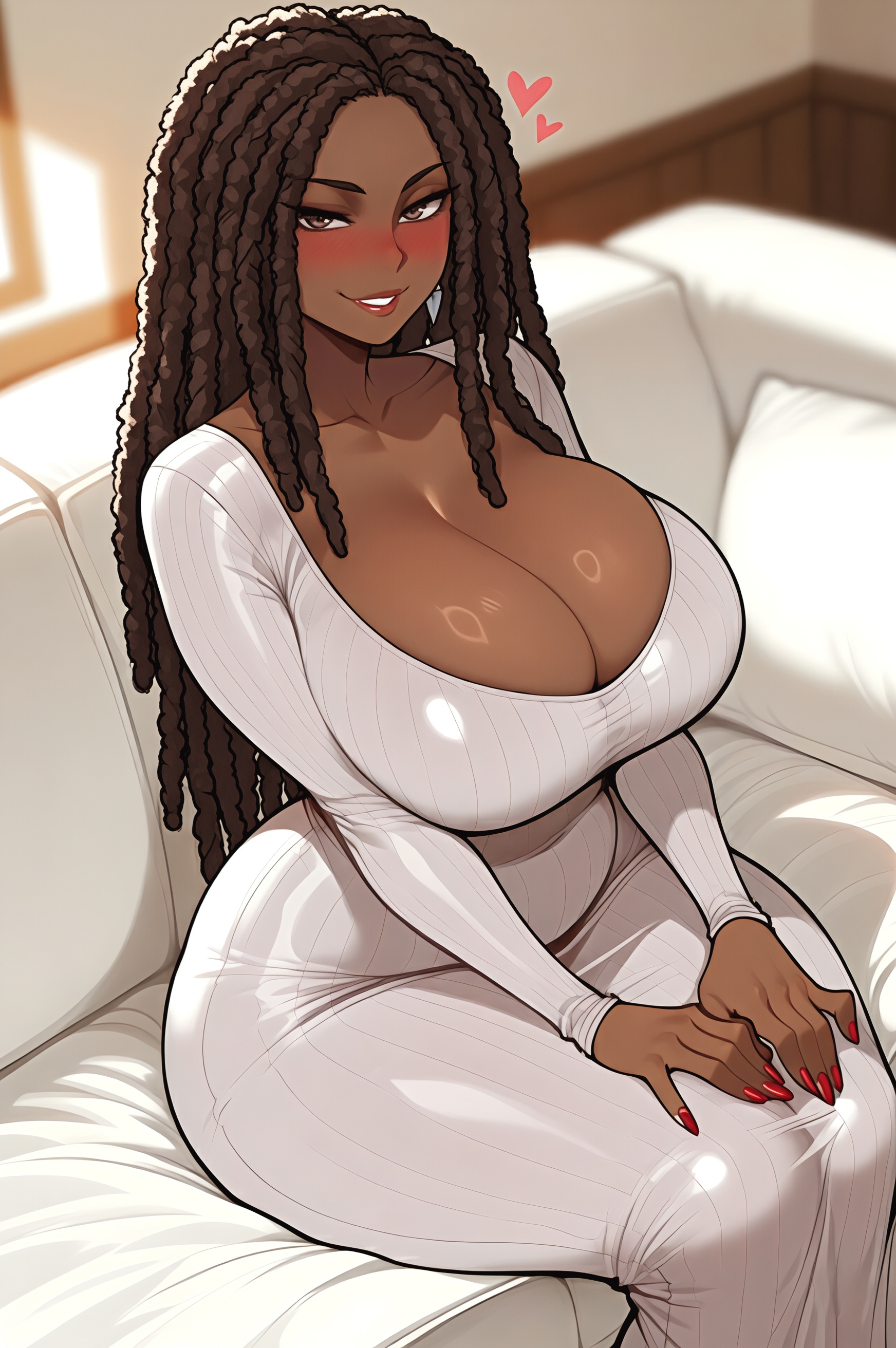 1girls, african female, ai generated, big breasts, black woman, blush, blushing at viewer, breasts, brown eyes, cleavage, dark skin, dark-skinned female, dreadlocks, dress, female, female only, grey dress, lipstick, long hair, looking at viewer, mrtecta, original, original character, sitting, sitting on couch, smiling, smiling at viewer, solo, solo female, thick, thick thighs, thighs