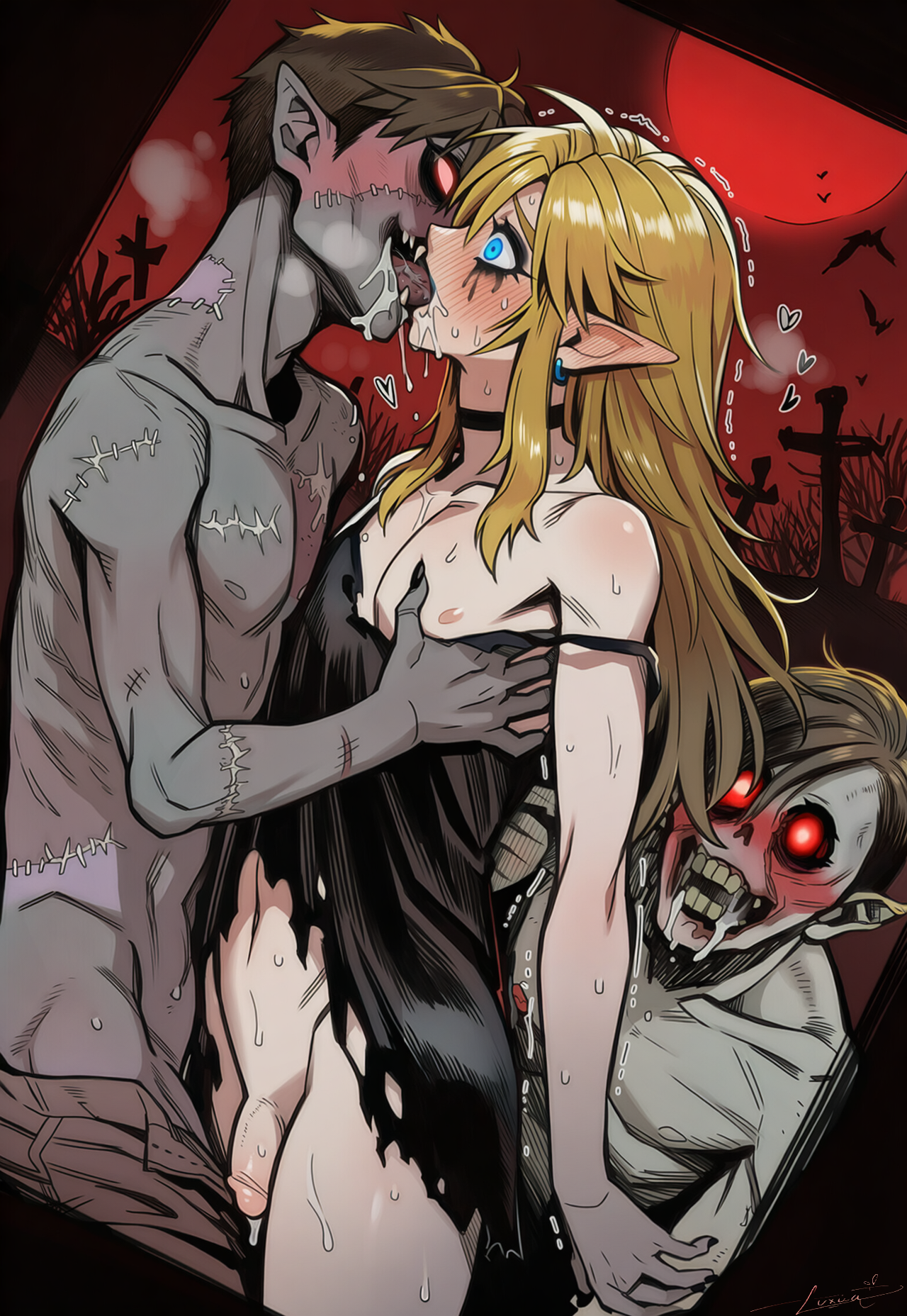 3boys, ai art, ai generated, almond eyes, black nails, blue eyes, choker, crossdressing, crows, dark skin, dress, drooling, earrings, eyes wide open, femboy, femboysub, feminine male, feminization, french kiss, gay, glowing eyes, golden hair, graveyard, halloween, horror, imminent rape, imminent sex, kissing, long eyelashes, long hair, long nails, luxica, male, maledom, monster, novelai, penis, red eyes, red moon, running mascara, shocked, torn clothes, torn dress, trap, trembling, twink, uncensored, undead, yaoi, zombie, zombies