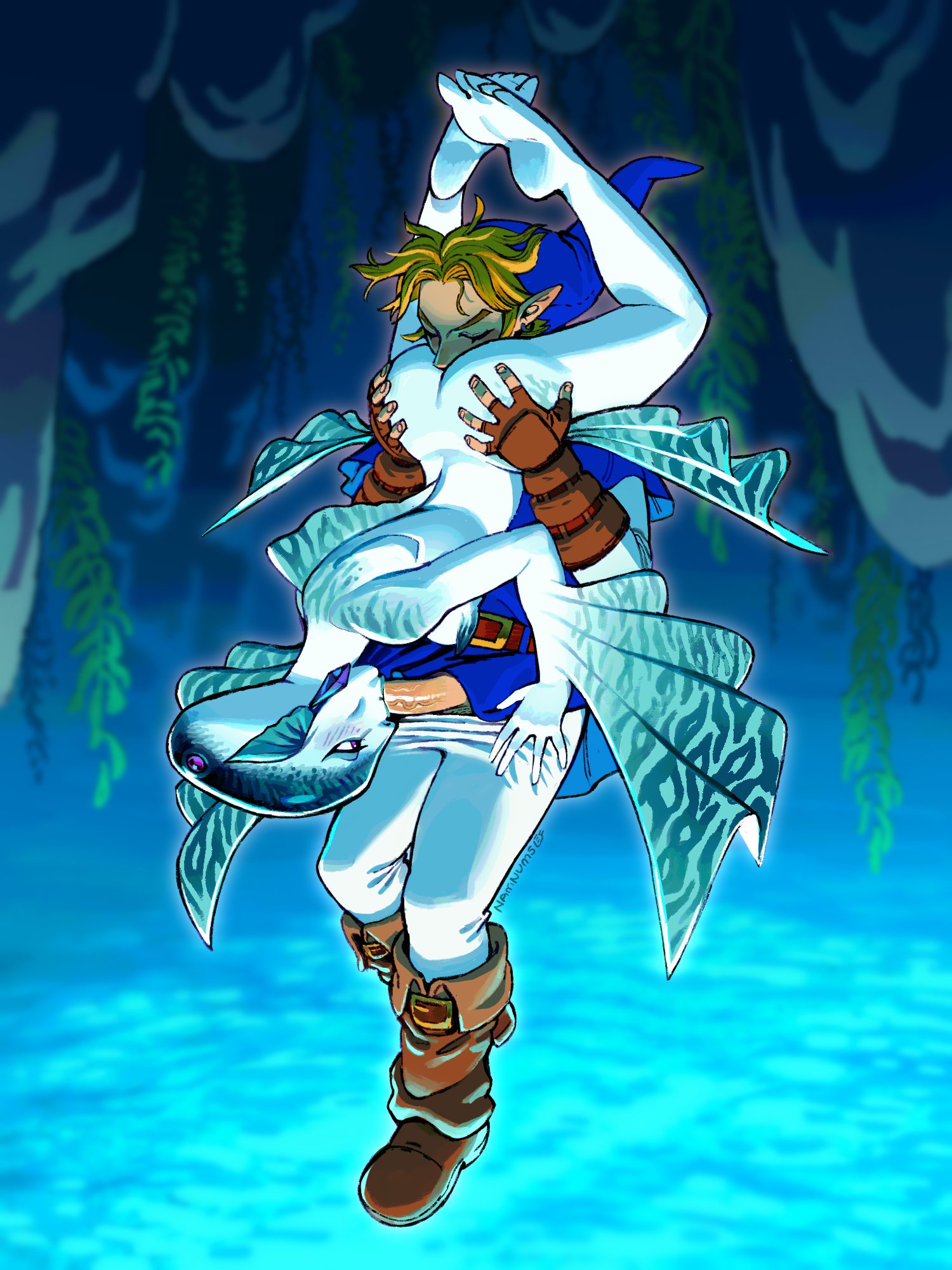 1boy, 1girls, 69, 69 position, blue skin, breasts, clothing, cunnilingus, eating ass, fellatio, female, fish girl, legs up, link, link (ocarina of time), male, nintendo, ocarina of time, oral, princess ruto, small breasts, stagbeetle, standing, standing 69, standing sex, the legend of zelda, upside-down, zora