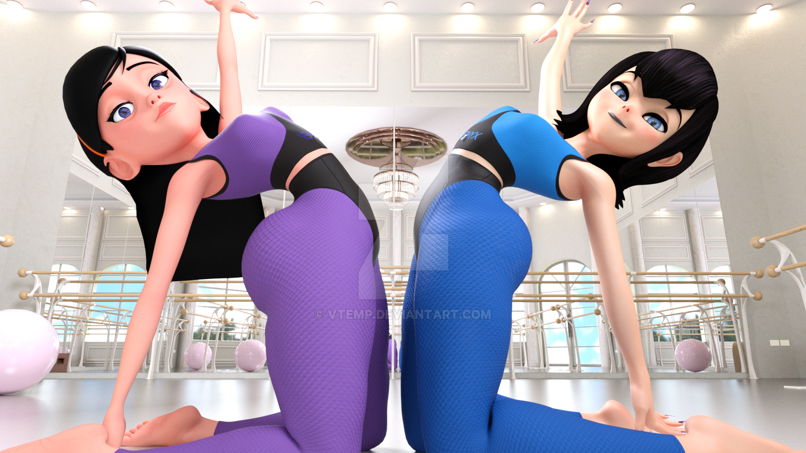 2girls, 3d, aged up, ass, big breasts, big thighs, black hair, breasts, bubble ass, bubble butt, crossover, curvaceous, curvy, curvy figure, dark skin, disney, female, female thick thighs, hips, hotel transylvania, hourglass figure, humanoid, legs, light skin, light-skinned female, mavis dracula, multiple females, multiple girls, pixar, slim waist, the incredibles, thick, thick legs, thick thighs, thighs, vampire, vampire girl, vampiress, violet parr, voluptuous, vtemp, waist, wide hips, yoga, yoga ball, yoga pants, yoga pose