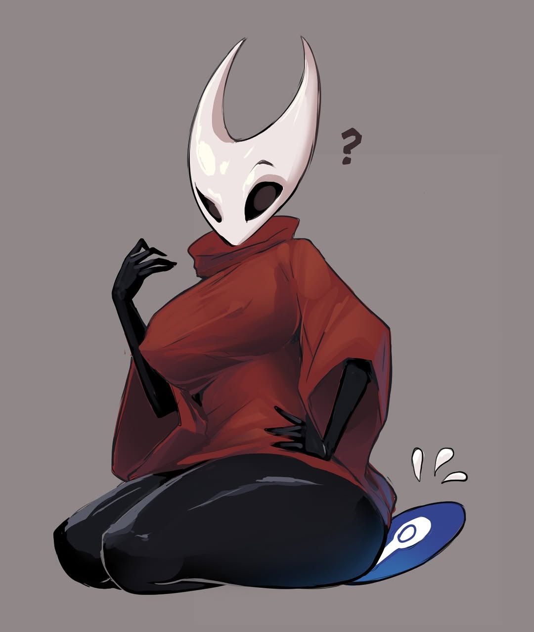 allen skies02, anthro, breasts, female, hollow knight, hollow knight: silksong, hornet (hollow knight), horns, large breasts, question mark, silksong, sitting, steam (software), tagme, team cherry, thicc, thick thighs, voluptuous female