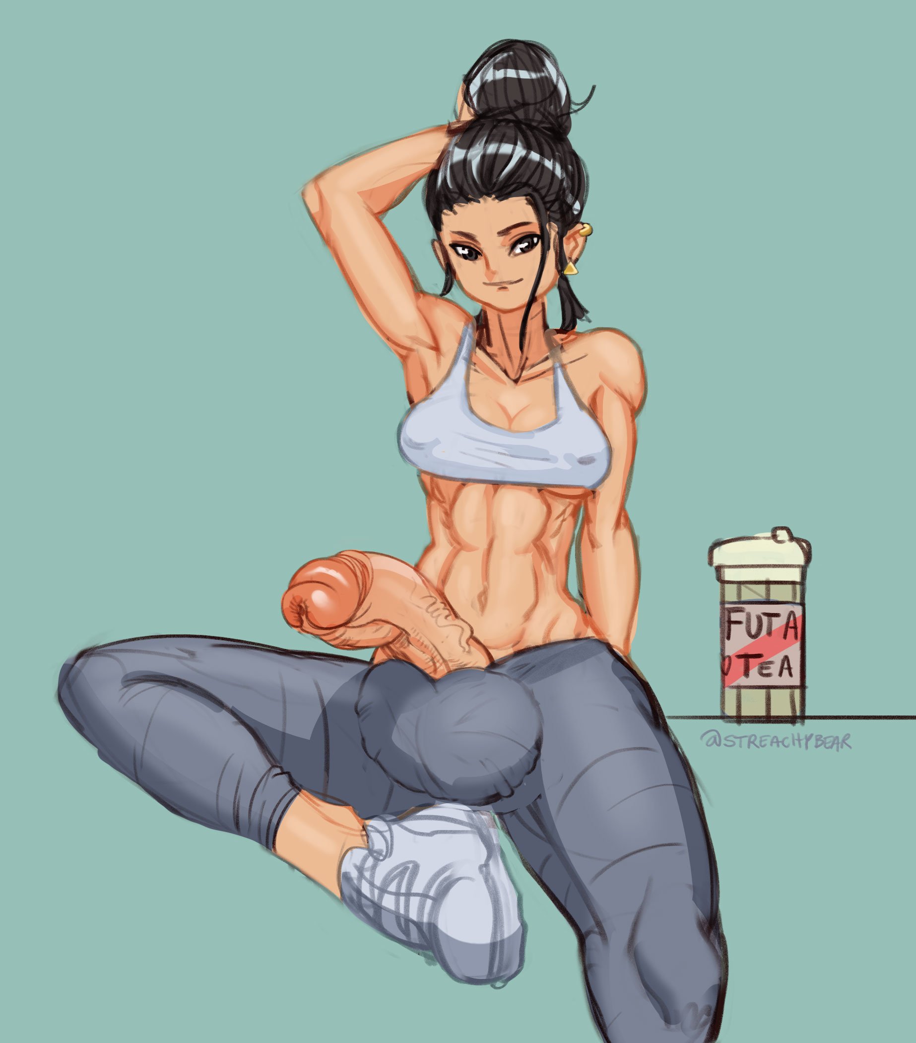1futa, abs, balls, balls bulge, breasts, cleavage, dickgirl, erection, futa only, futanari, huge cock, intersex, muscles, muscular, muscular futa, original, penis, solo, solo futa, streachybear, testicles