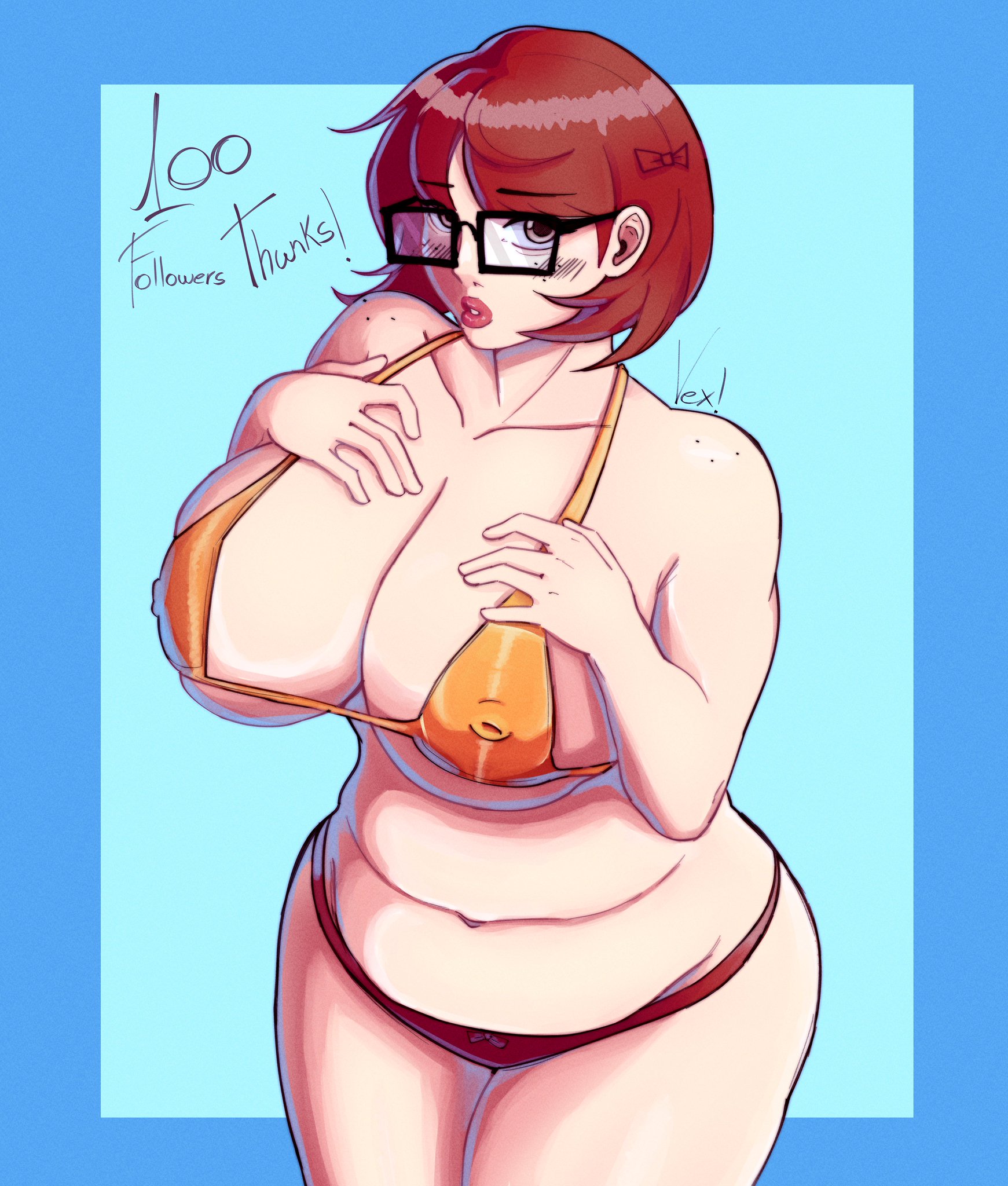 ass, big ass, big breasts, big butt, big thighs, big titties, breasts, brown hair, chubby, chubby female, clothing, female, female focus, female only, fully clothed, glasses, hanna-barbera, looking at viewer, rubber, scooby-doo, short hair, thick thighs, underwear, velma dinkley, vex nsfw