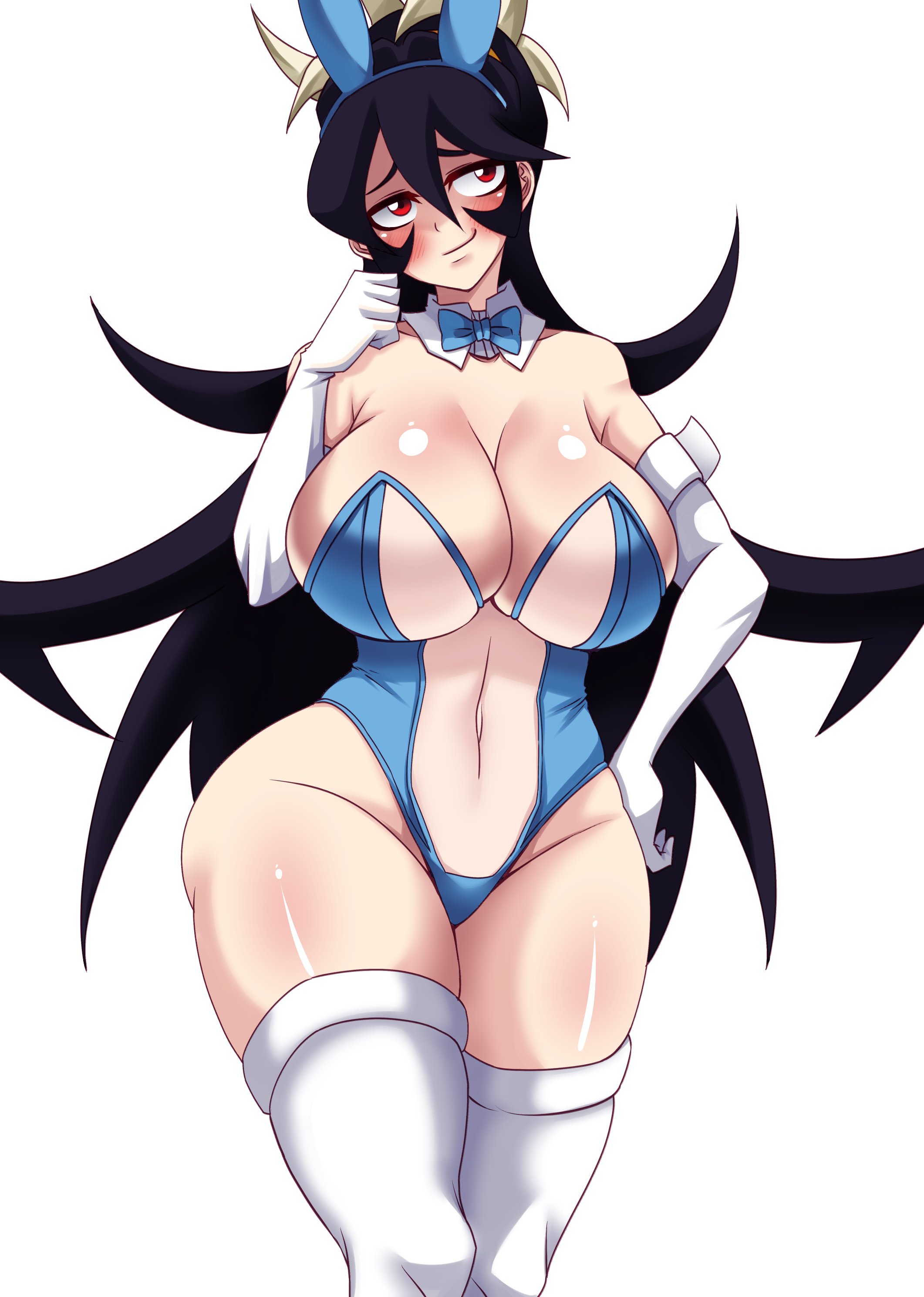 1girls, 2d, black hair, blush, breasts, bunnysuit, commission, elbow gloves, female, filia (skullgirls), gloves, large breasts, long hair, red eyes, samson (skullgirls), skullgirls, smile, tagme, thick thighs, thighhighs, thighs, tobyllitos