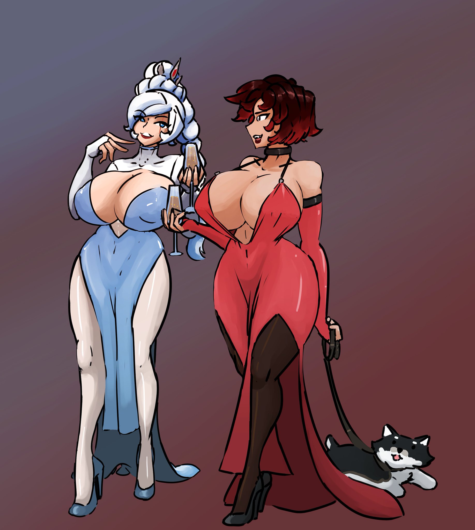 1female, 1girls, 2girls, adult, adult female, ass, big ass, big breasts, blue dress, braid, braided hair, breasts, breasts bigger than head, choker, crown, dat ass, dress, drinking, drinking glass, drinking wine, elbow gloves, eye scar, female, female only, fingerless gloves, formal clothes, formal wear, glasses, gloves, green eyes, heels, high heels, hourglass figure, hourglass figured female, hyper, hyper breasts, jakearmorsmith, large breasts, leash, long dress, long legs, milf, mommy, mommy milkers, older female, red dress, rooster teeth, ruby rose, rwby, short hair, short hair female, sketch, teacher, teasing, thick, thick ass, thick hips, thick thighs, viz media, weiss schnee, white female, white hair, white hair female, white-haired female, zwei