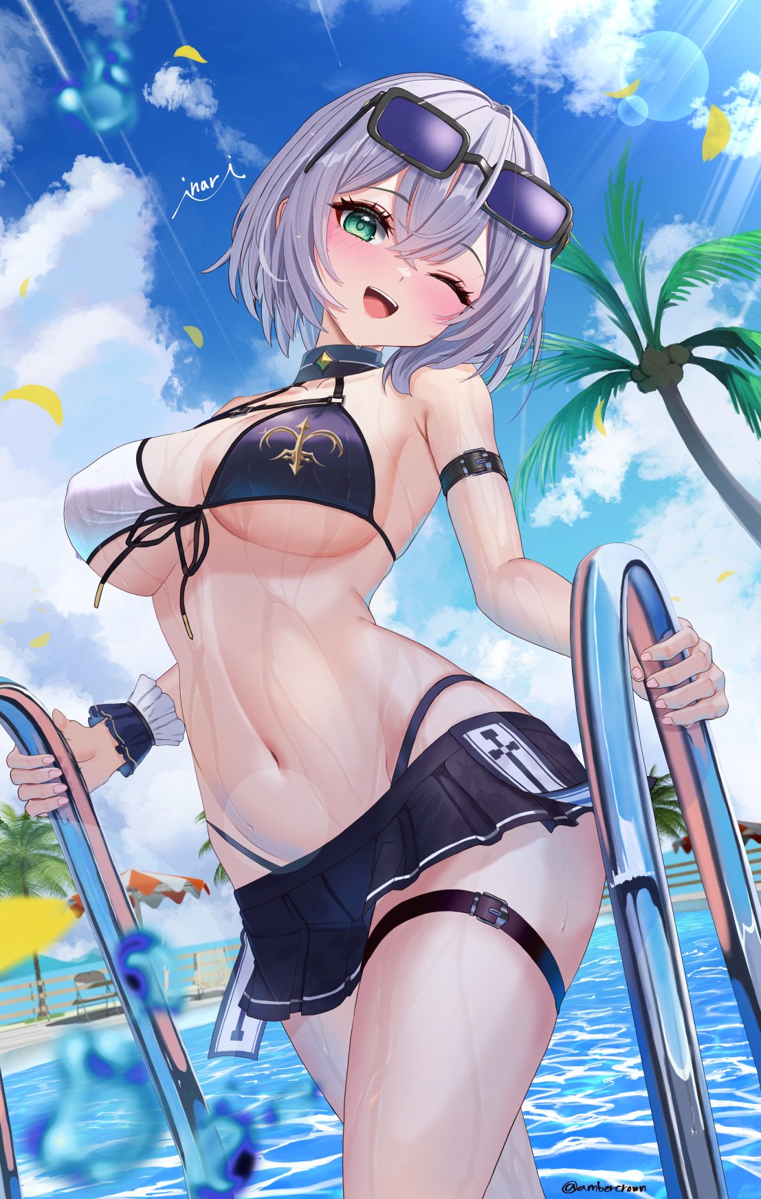 1girls, ambercrown, bikini, bikini top, female, green eyes, grey hair, hololive, hololive fantasy, hololive japan, inari (ambercrown), large breasts, light purple hair, one eye closed, open mouth, open smile, palm tree, pool, pool ladder, sarong, shirogane noel, shirogane noel (summer 2020), solo, virtual youtuber, wink, winking at viewer