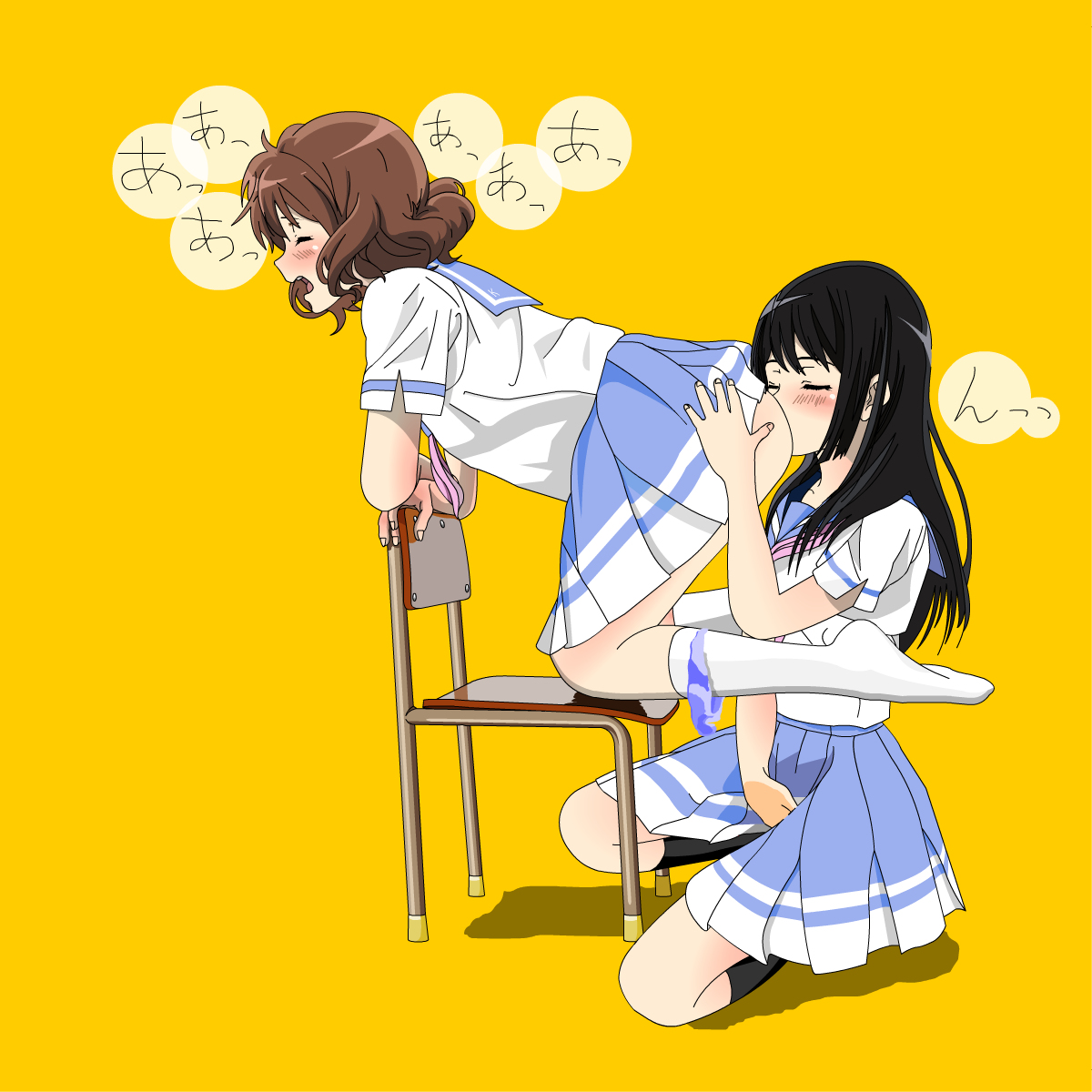 bangs, black hair, blush, chair, closed eyes, clothing, face in ass, female, female protagonist, fingering, fingering self, hibike! euphonium, kousaka reina, lesbian, long hair, moaning, open mouth, oral sex, orange hair, oumae kumiko, panties, panties around leg, school uniform, schoolgirl, short hair, short sleeves, skirt, skirt lift, stockings, tagme, uniform, yellow background, yuri