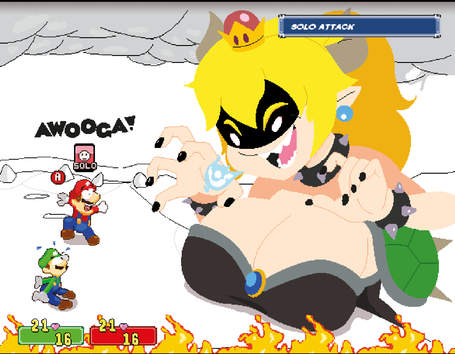 1girls 2boys big_breasts black_dress blonde_hair blue_overalls bowsette breasts cleavage clothing collar crown ear_piercing english_text enormous_breasts eyes_popping_out facial_hair female fire giantess gigantic_breasts gloves gosgoz green_hat green_shirt hat horns huge_breasts large_breasts larger_female light-skinned_female light-skinned_male light_skin looking_at_another luigi male mario mario_(series) mario_and_luigi_(series) massive_breasts moustache nintendo open_mouth overalls red_hat red_shirt shell shirt shocked shoes size_difference smaller_male spiked_collar spiked_shell surprised text voluptuous voluptuous_female white_background white_gloves