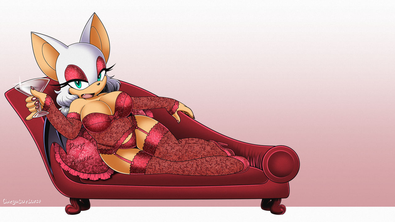 animal ears, anthro, bat wings, blue eyes, breasts, cleavage, couch, eyeshadow, fangs, female, female focus, female only, furry, half-closed eyes, high heels, holding, holding drink, large breasts, legs, lingerie, lying, lying on side, martini, omegasunburst, open mouth, red high heels, red legwear, red lingerie, rouge the bat, sega, sonic (series), stockings, thick thighs, thighs, wide hips, wings