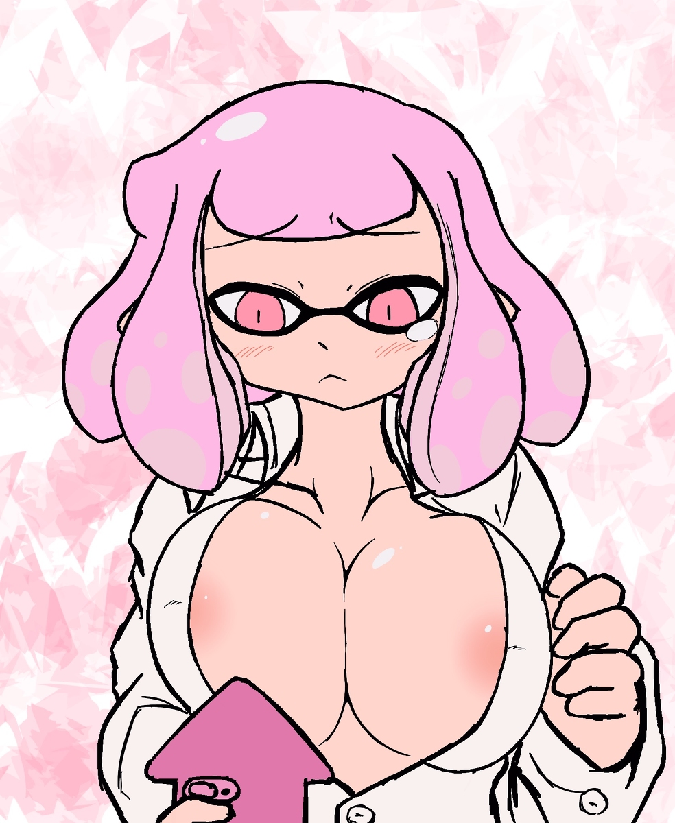 breasts cleavage inkling large_breasts phone pink_hair selfie shirt_open splatoon tear unbuttoned undaria white_shirt