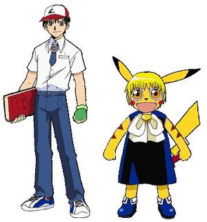 1boy animal_ears ash_ketchum_(cosplay) baseball_cap blonde_hair blue_shoes book colored_skin cosplay denim gash_bell gloves green_gloves hat holding holding_book jeans jewelry konjiki_no_gash!! looking_at_viewer lowres necklace necktie non-web_source ootani_ikue open_mouth pants pikachu pikachu_(cosplay) pokemon pokemon_(anime) satoshi_(pokemon) shoes standing tail takamine_kiyomaro voice_actor_connection yellow_eyes yellow_skin