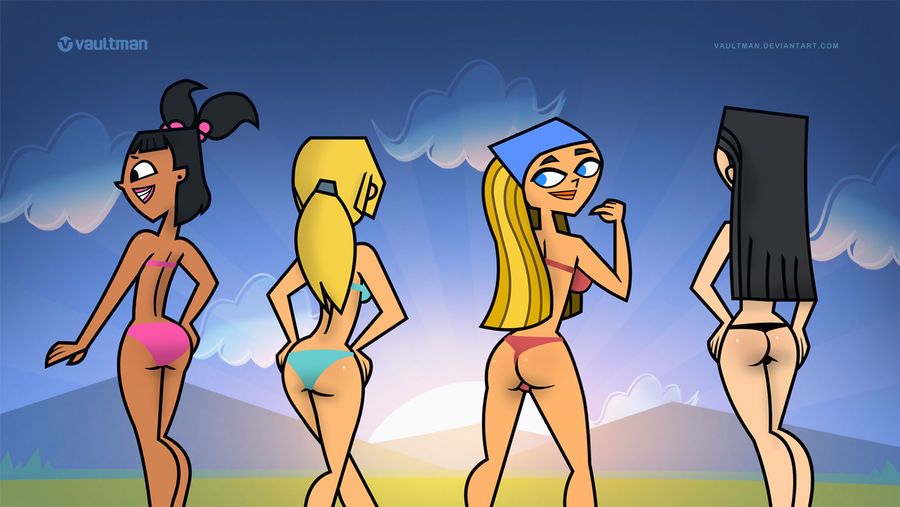 4girls ass bikini black_bikini black_hair blonde_hair blue_bikini bridgette_(tdi) heather_(tdi) katie_(tdi) lindsay_(tdi) multiple_girls pink_bikini red_bikini swimsuit thong_bikini tong total_drama_island vaultman