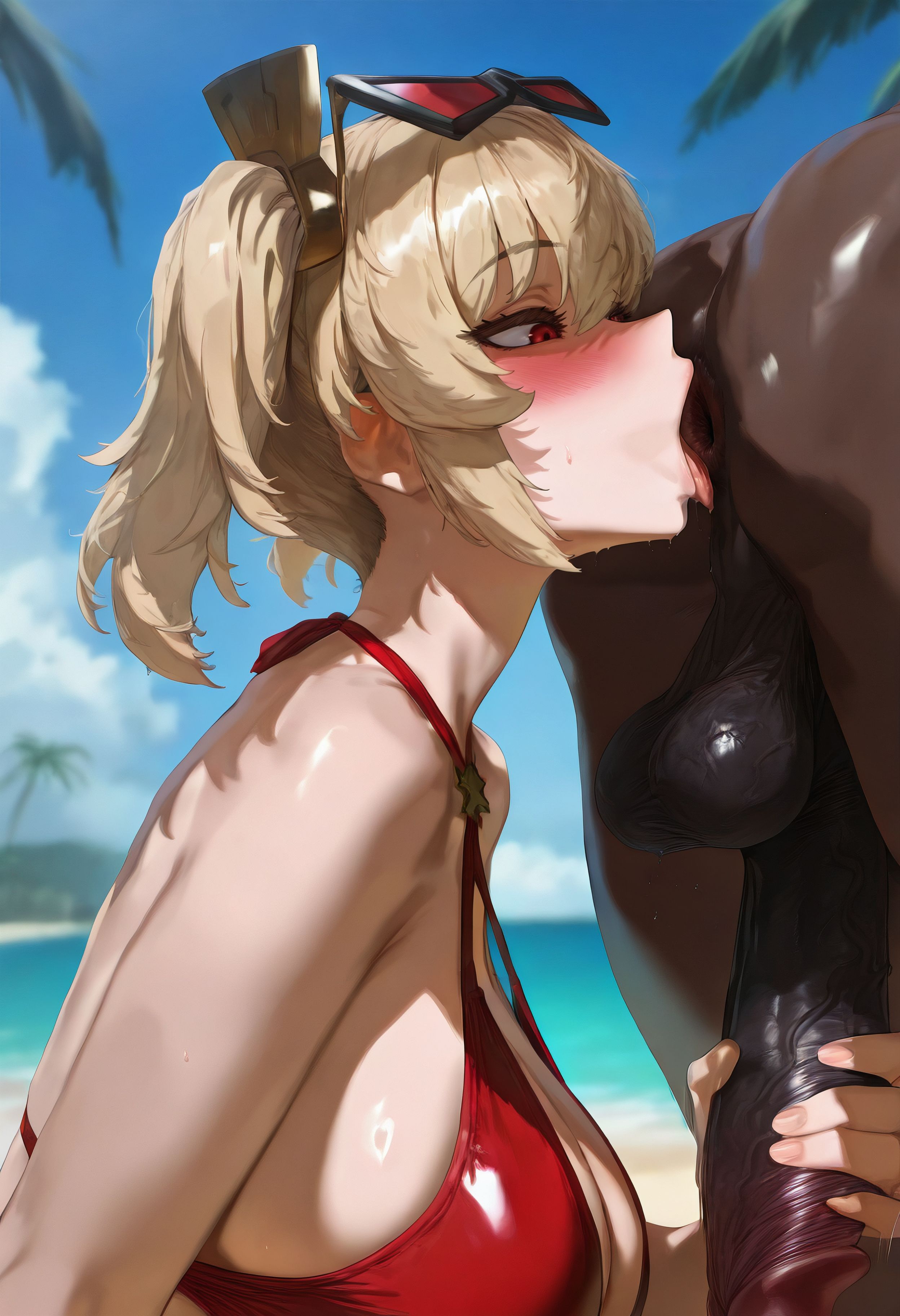 1boy, 1girls, ai generated, anilingus, anilingus from female, anus, anus lick, anus worship, ass, balls, beach, beach background, beach sex, blonde female, blonde hair, blush, breasts, burnice white, dark penis, dark skin, dark-skinned male, female, female rimming male, interracial, kissing, male, mikayori, penis, red eyes, rimjob, rimming, rimming male, rusty trombone, sunglasses, sunglasses on head, tongue, tongue out, twintails, zenless zone zero