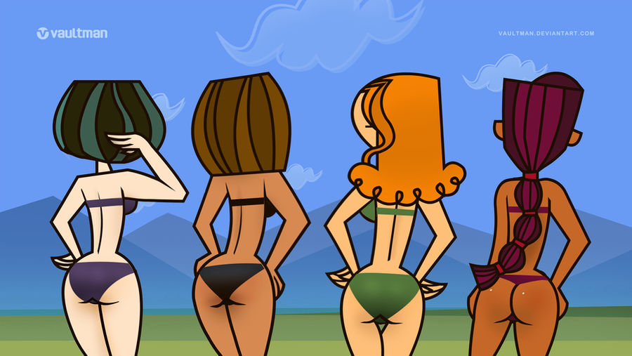 4girls ass bikini black_bikini brown_hair brown_skin courtney_(tdi) female_only green_bikini gwen_(tdi) izzy_(tdi) multiple_girls orange_hair ponytail purple_bikini purple_hair sierra_(tdi) swimsuit total_drama_island two_tone_hair vaultman