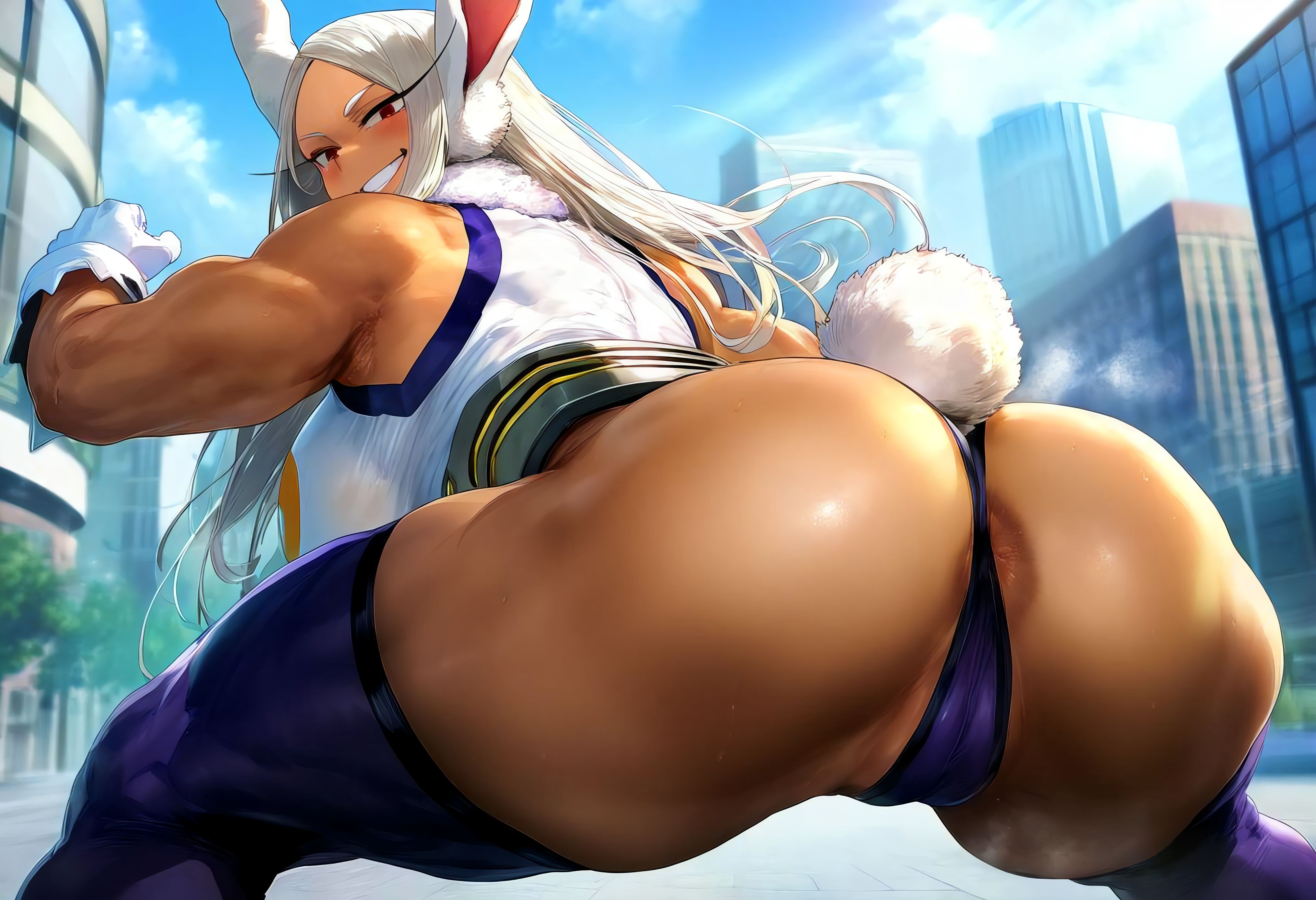 ai generated, anus, anus peek, ass, big ass, big breasts, big thighs, boku no hero academia, breasts, bunny ears, bunny girl, bunnysuit, dark skin, dark-skinned female, female, gym clothes, mirko, miruko, my hero academia, red eyes, superheroine, tomato cake, white hair