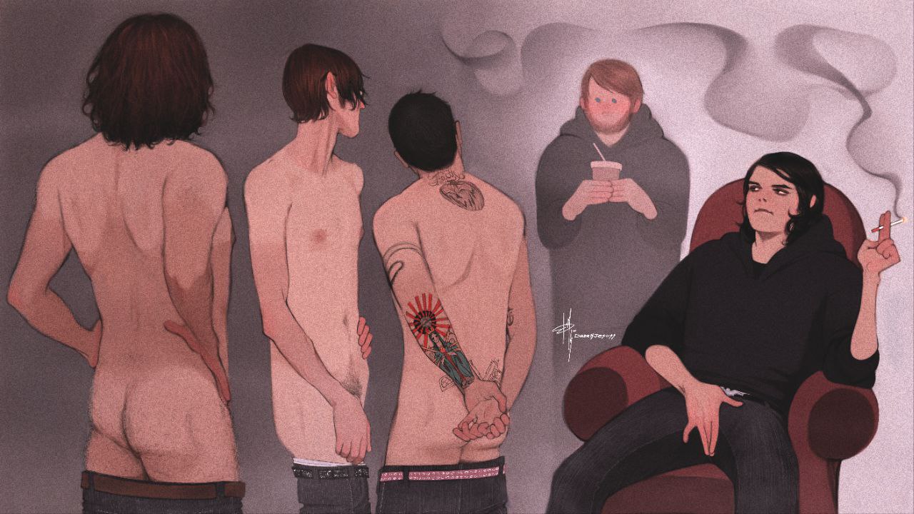 ass cheeks, black eyes, black hair, blush, bob bryar, brown hair, celebrity, darrkjesuss, frank iero, gerard way, human, human only, male, male only, mikey way, musician, my chemical romance, nipples, ray toro, real person, smoking, tagme, touching crotch, waycest