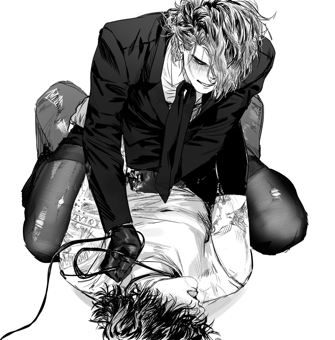 blush, choking, frank iero, frerard, gay, gerard way, hair over eyes, handjob, handjob with gloves, male, microphone, my chemical romance, open mouth, ripped pantyhose, secretary, simple background, tongue