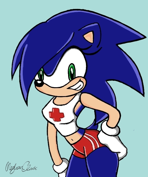 anthro anthro_female belly_shirt big_breasts blue_fur blue_hair blue_legs cowboy_shot eyelashes green_eyes grin grinning_at_viewer hair_bangs hand_on_hip hedgehog looking_at_viewer merton midriff_baring_shirt red_cross red_hotpants rule_63 sonic_the_hedgehog sonique_the_hedgehog tan_arms tan_belly tan_breasts tan_muzzle thick_thighs vertical_stripes white_crop_top white_gloves wide_hips