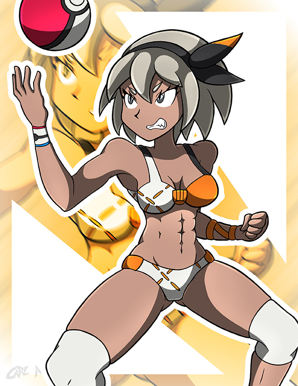 1girls abs alternate_breast_size alternate_outfit armpits bare_shoulders bea_(pokemon) belly big_breasts bikini blonde_hair blue_eyes bracelet breasts cleavage clenched_teeth dark_skin eyelashes female female_only hairband kiroxiii muscular muscular_female navel nintendo orange_background orange_bikini poke_ball pokemon pokemon_ss pose short_hair solo spread_legs swimsuit teeth text thick_thighs watermark wide_hips zoom_layer