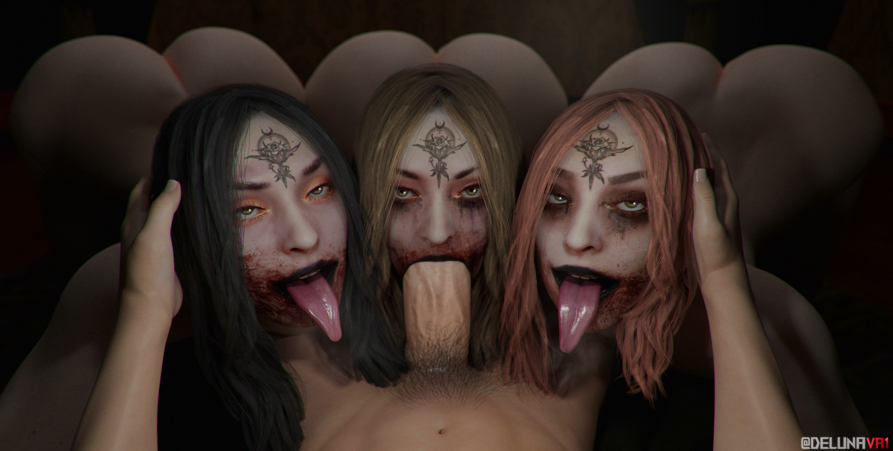 1boy, 3d, 3girls, bela (resident evil), bela dimitrescu, blood, blood on face, capcom, cassandra (resident evil), daniela (resident evil), delunax3d, erection, fellatio, female, foursome, male, oral, oral sex, penis, resident evil, resident evil 8: village, sisters, tongue, tongue out